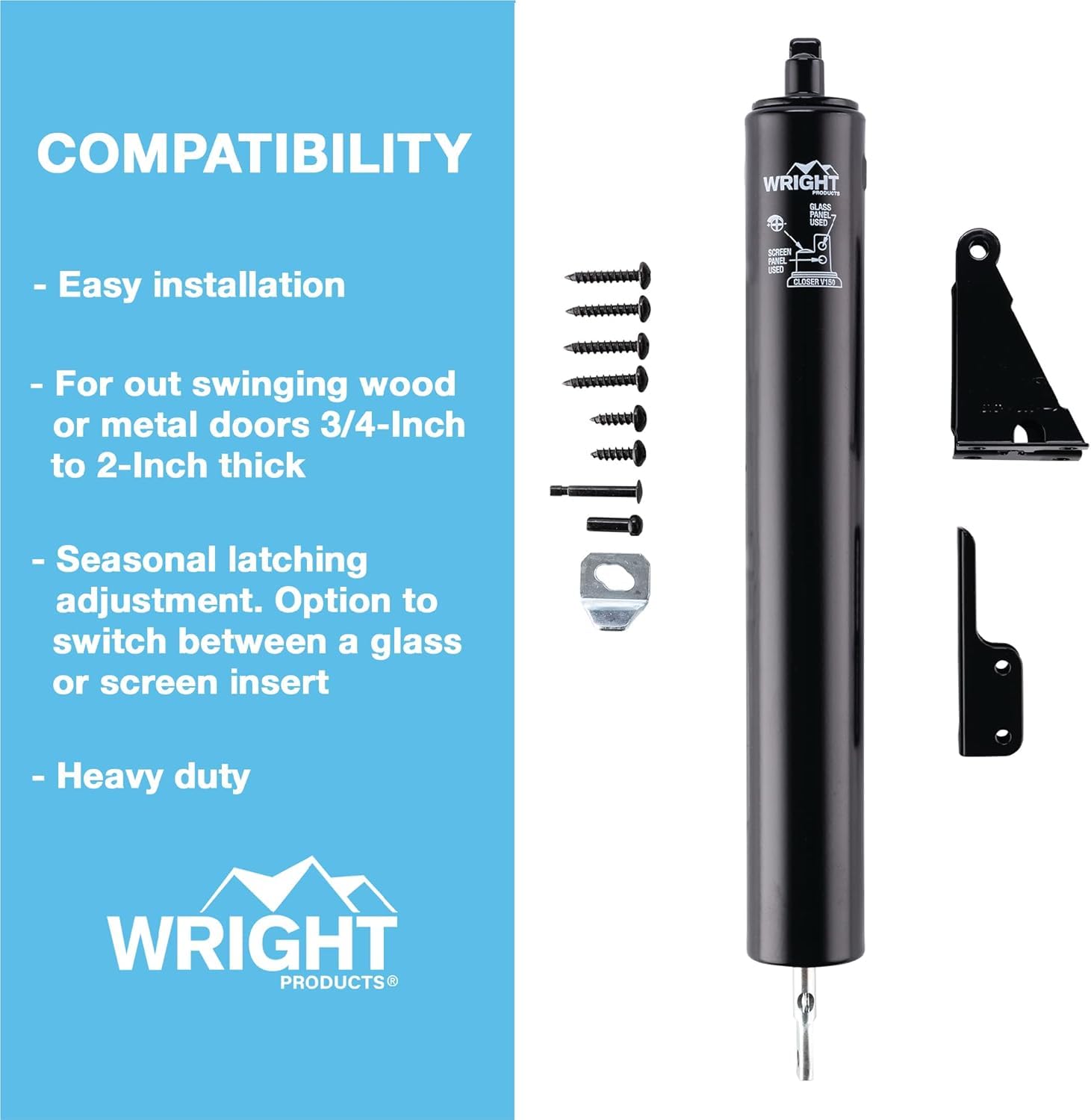 Wright Products cierrapuerta instalado en puerta exterior demostrando operación controlada