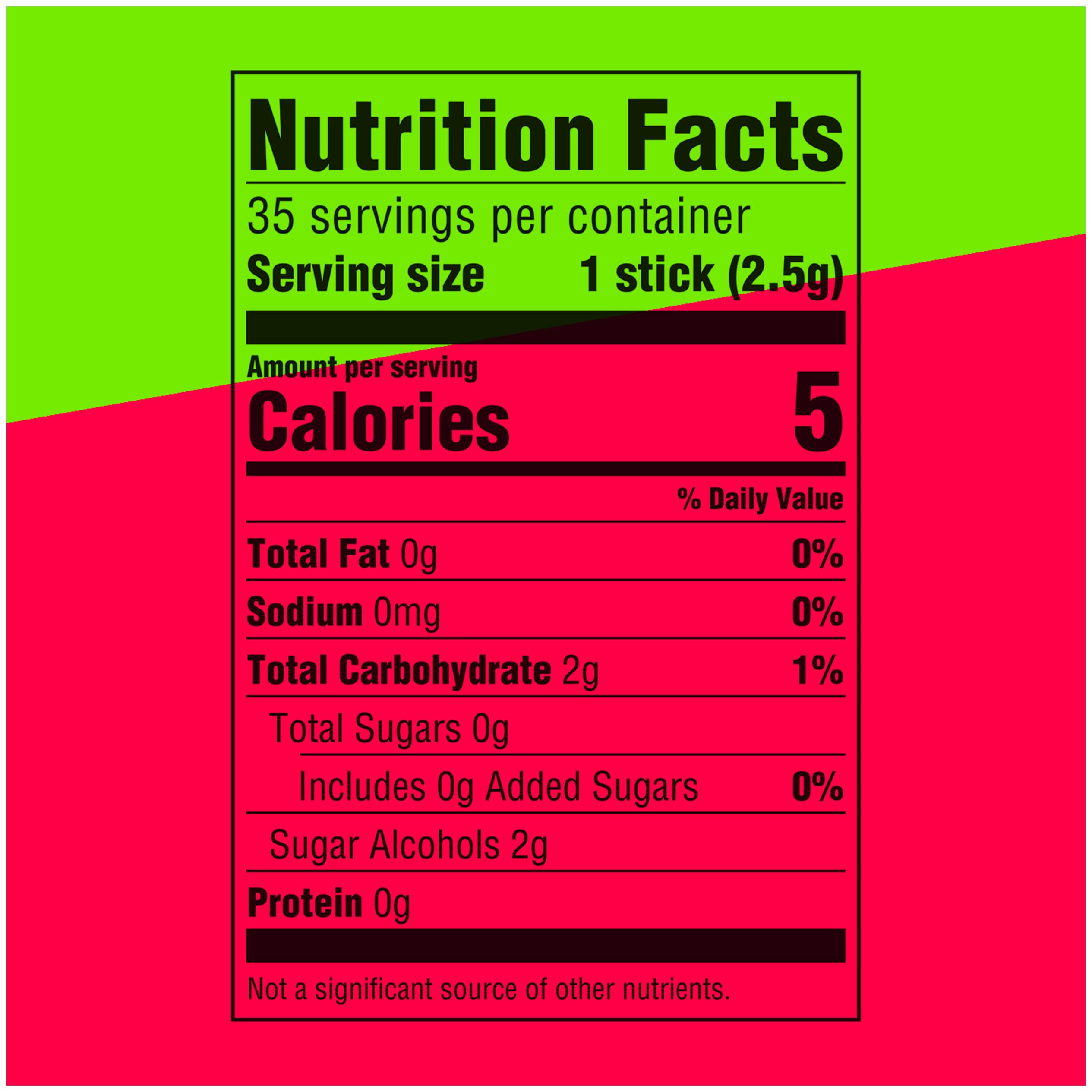 WRIGLEY'S EXTRA etiqueta de ingredientes que resalta formato sin azúcar