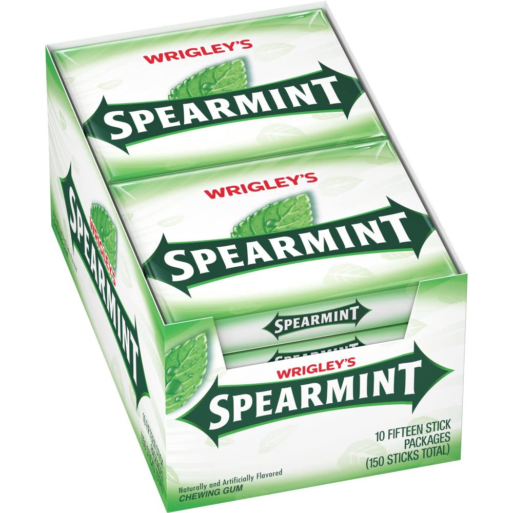 WRIGLEY'S Spearmint frente del paquete mostrando cantidad y marca, conserva frescura