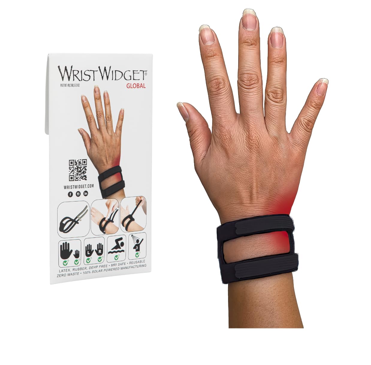 WristWidget vista frontal del empaque mostrando soporte práctico