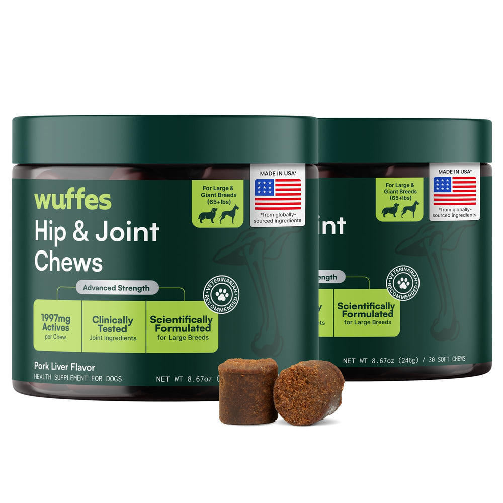 Wuffes envase frontal mostrando 2-pack y beneficio de soporte articular