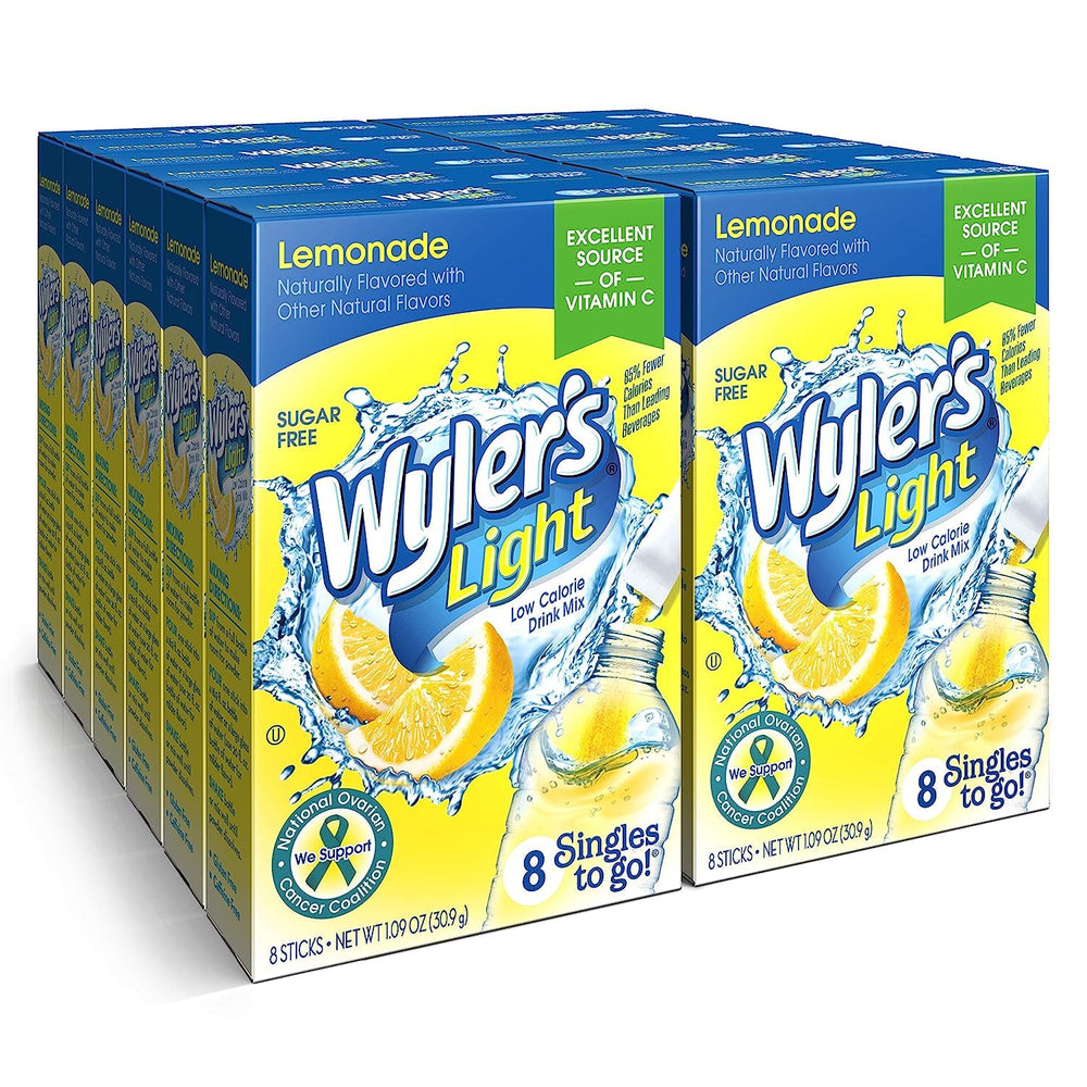 Wyler's Light empaque frontal mostrando cajas y sobres, fácil identificación y transporte