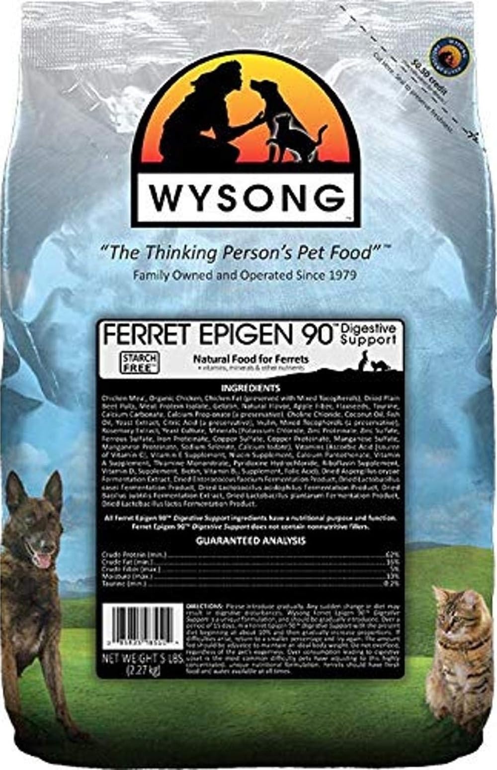 Wysong bolsa frontal mostrando etiqueta y beneficio digestivo para hurones