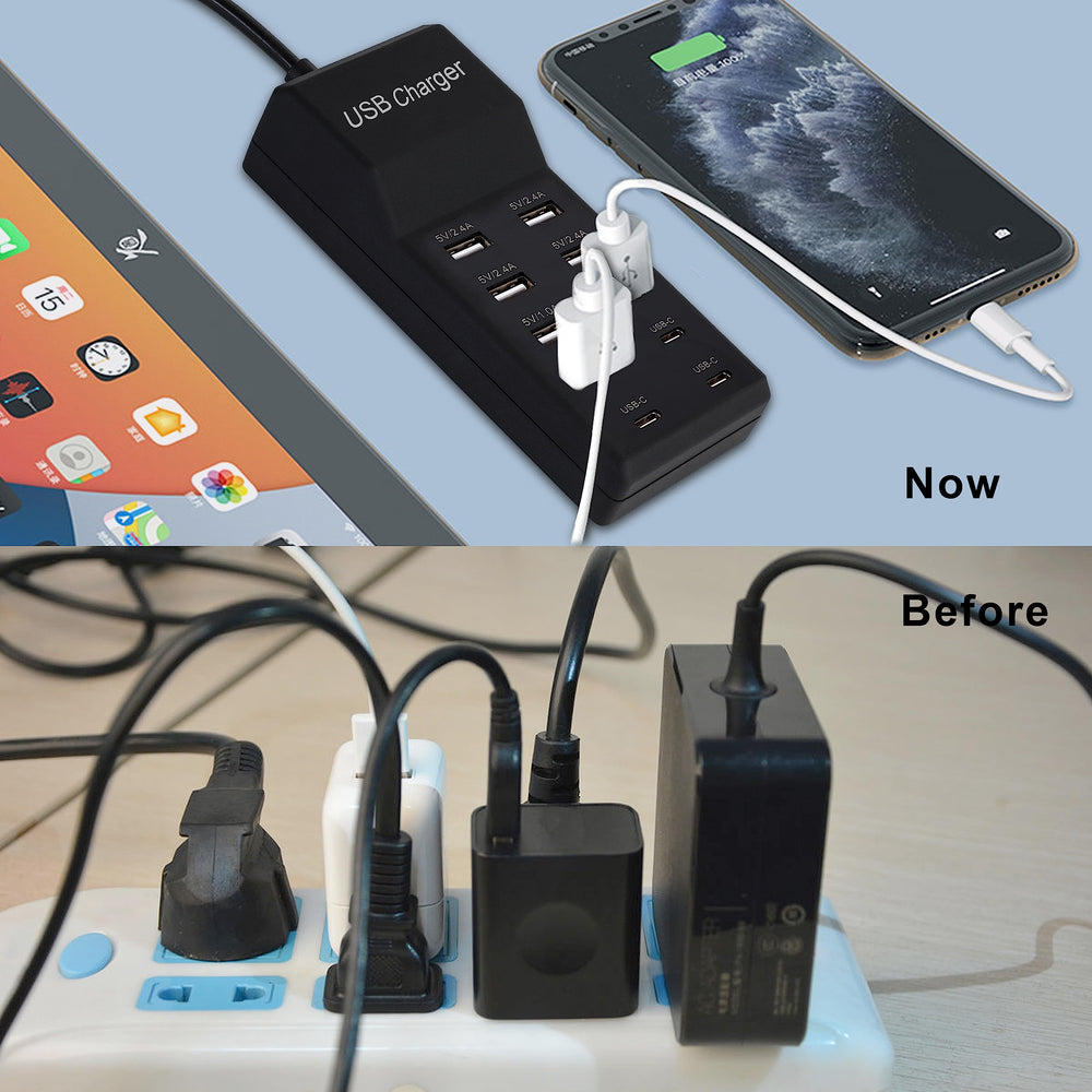 Wyssay primer plano de los puertos USB-A y USB-C, carga segura