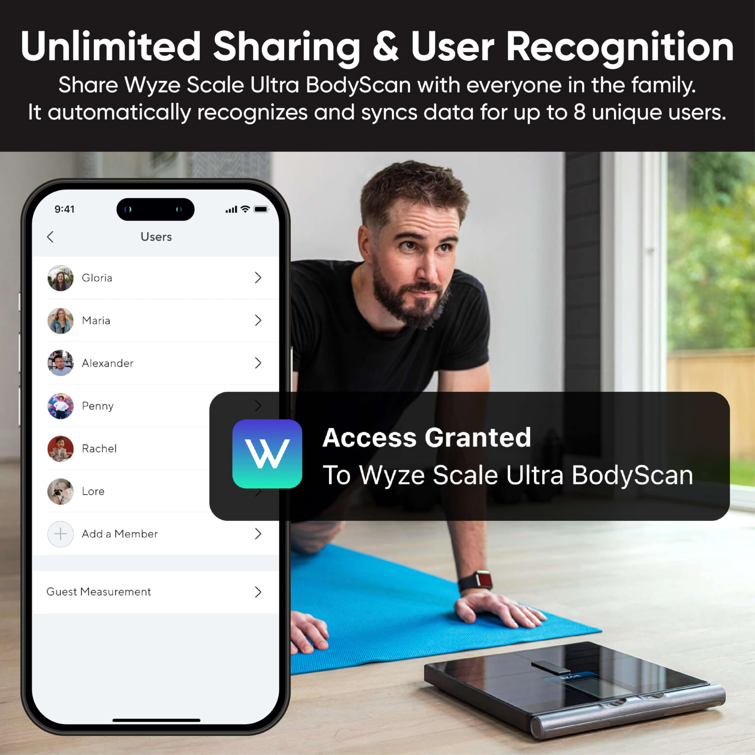 Wyze SCALE en baño familiar con varias personas, ideal para uso compartido