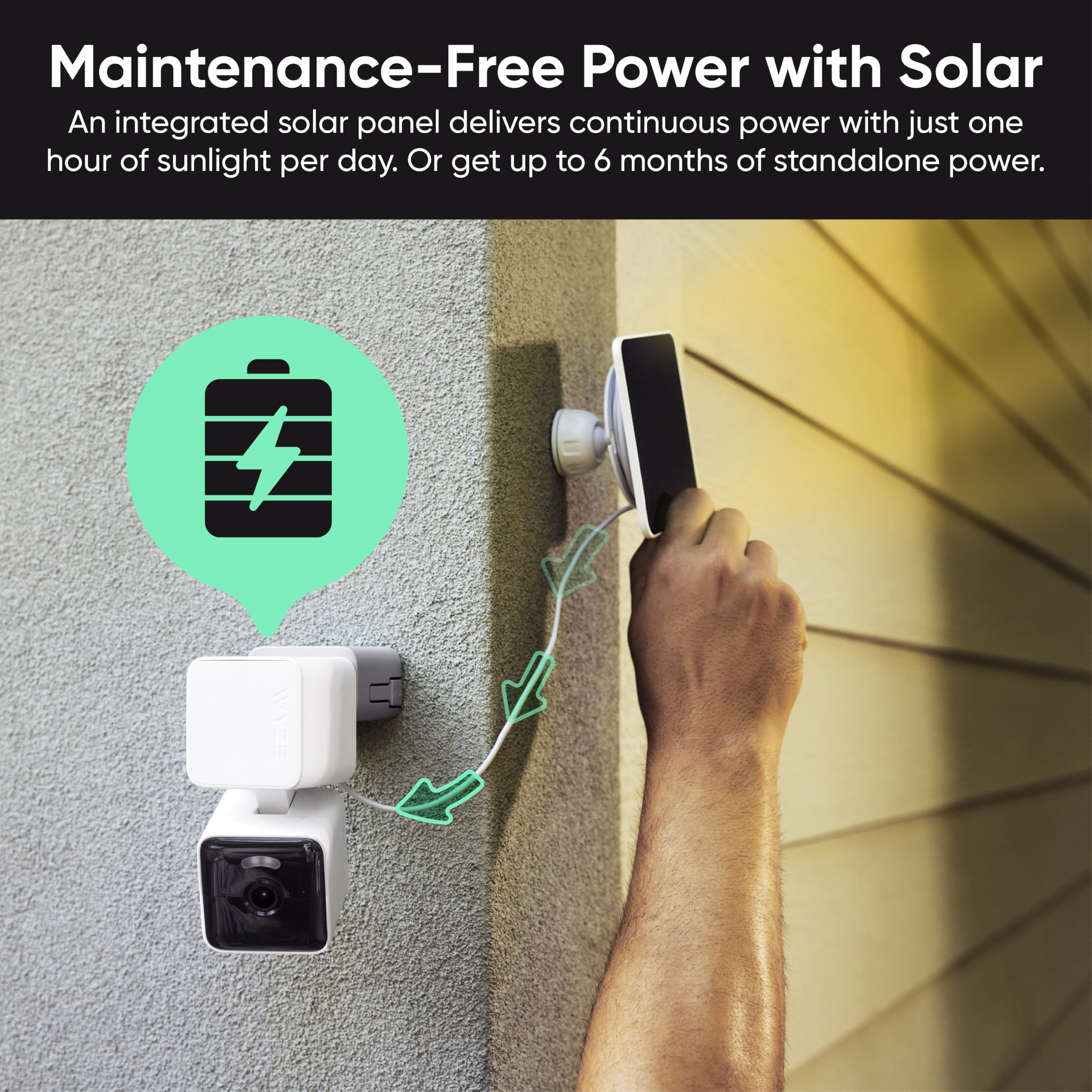 WYZE cámara montada en pared demostrando instalación DIY segura