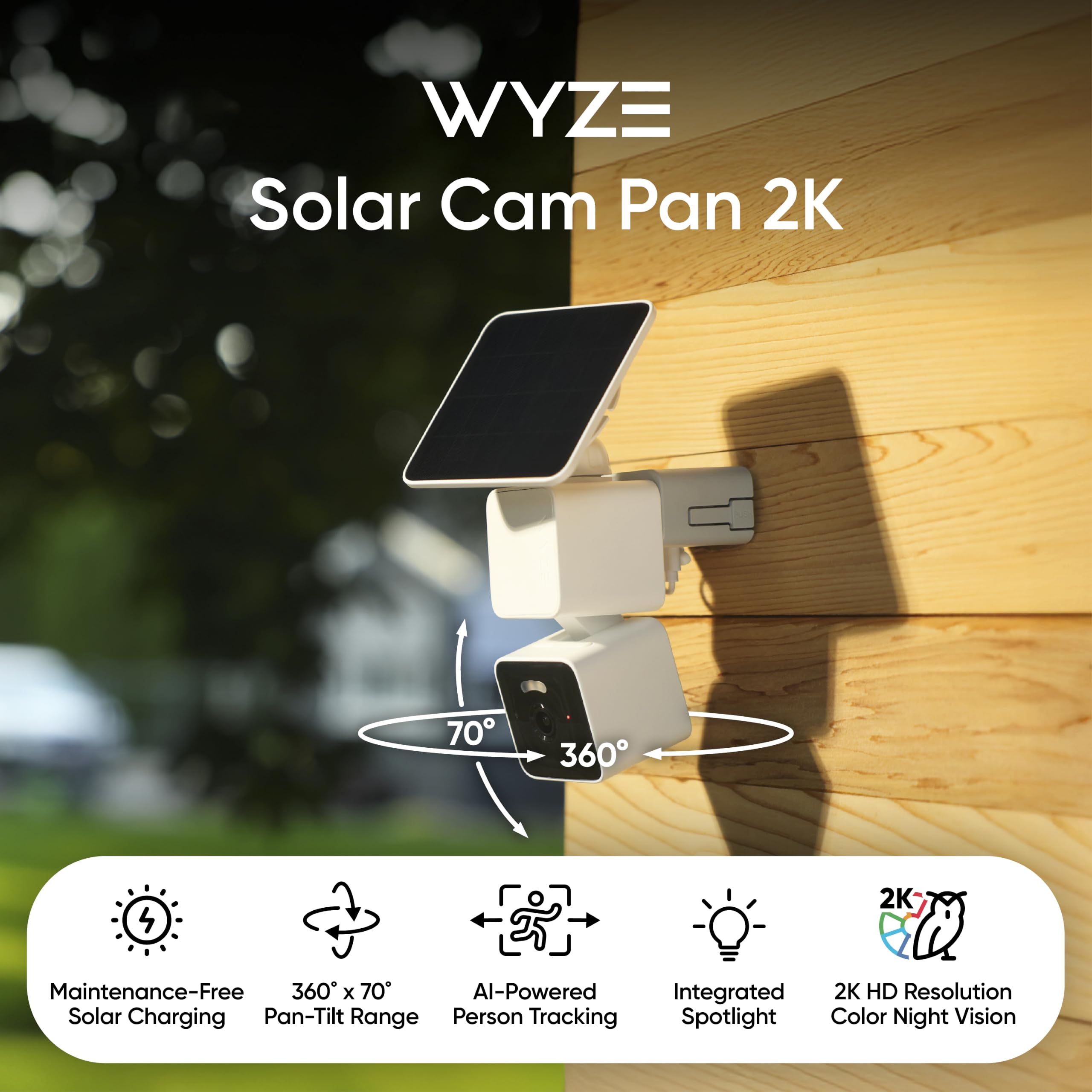 WYZE panel solar integrado en primer plano que proporciona carga continua