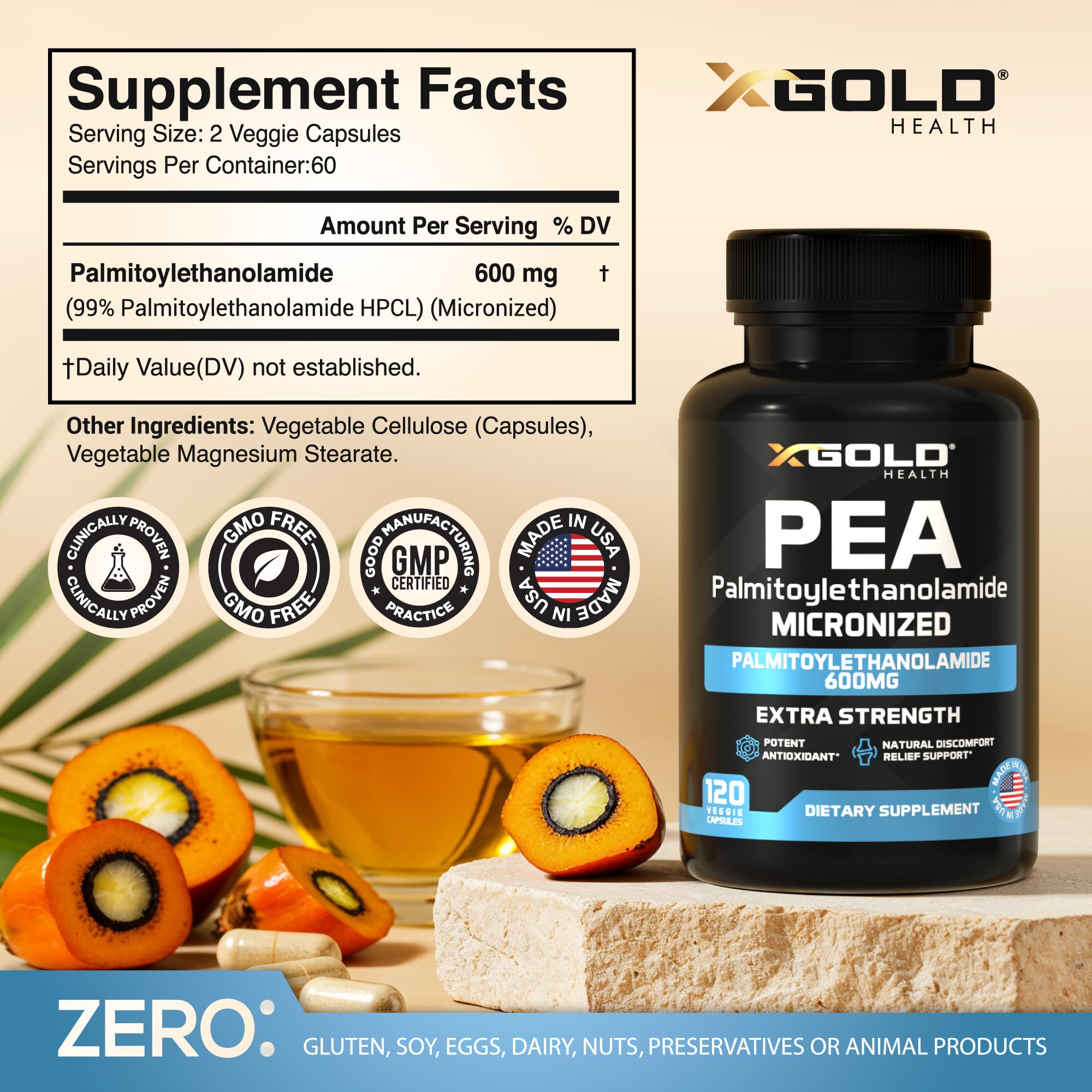X Gold Health cápsulas apiladas destacando formato vegetariano y pureza