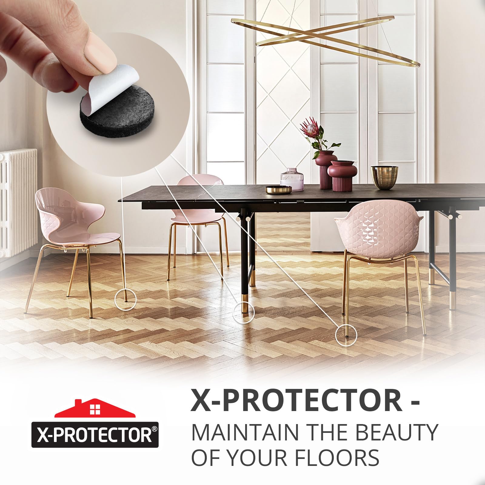 X-Protector ambiente en sala con muebles protegidos, suelos sin arañazos visibles