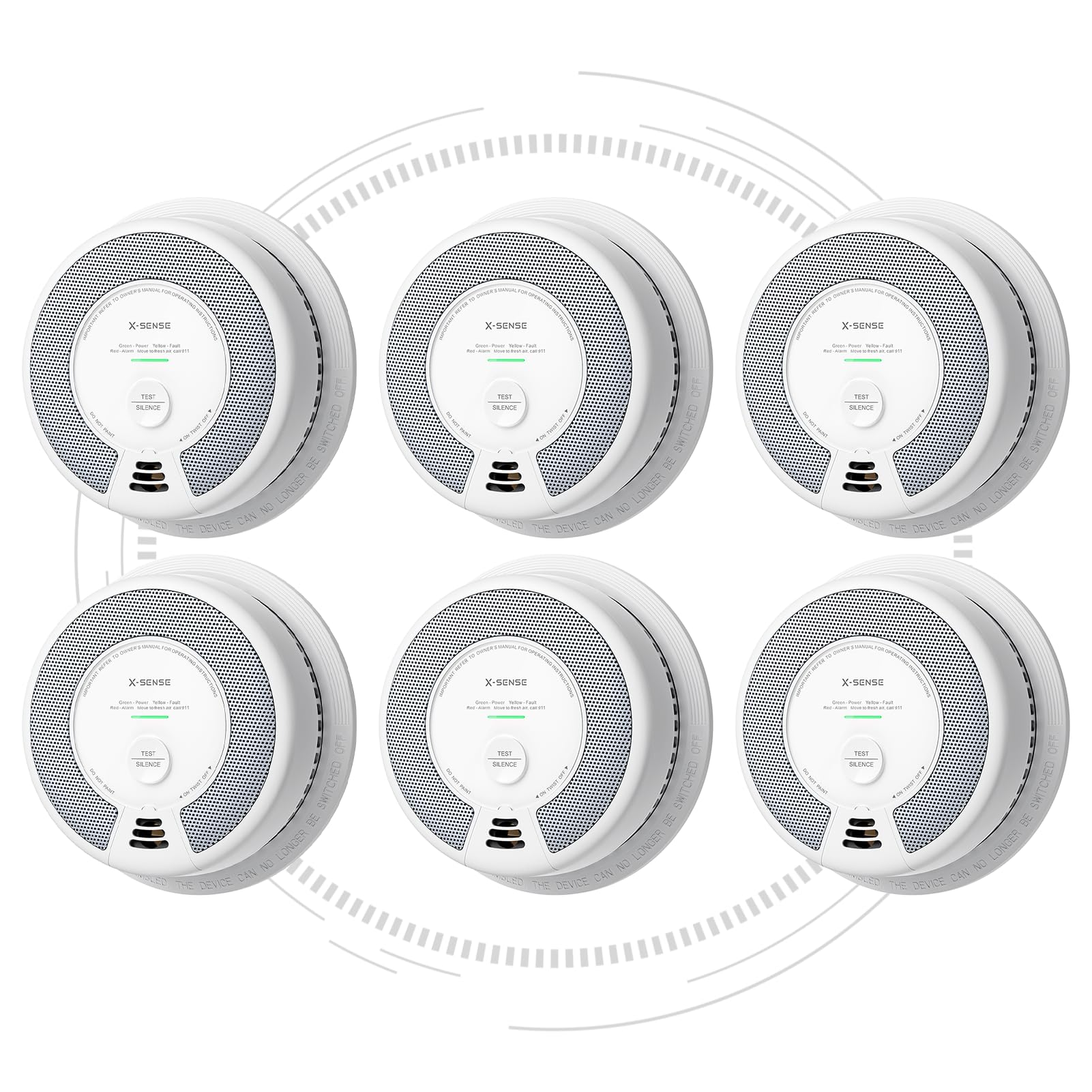 X-Sense vista frontal del paquete con seis detectores, protección completa