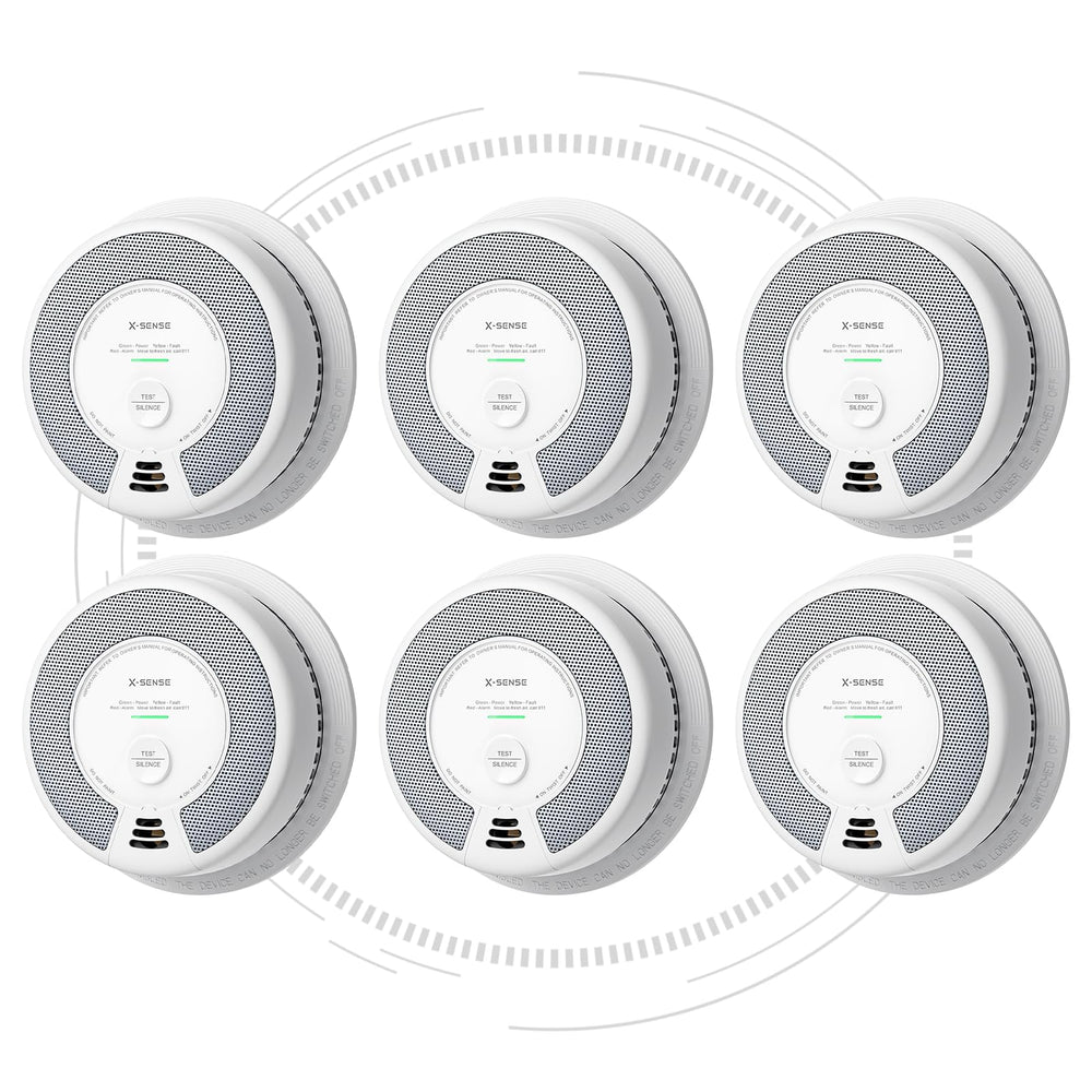 X-Sense vista frontal del paquete con seis detectores, protección completa