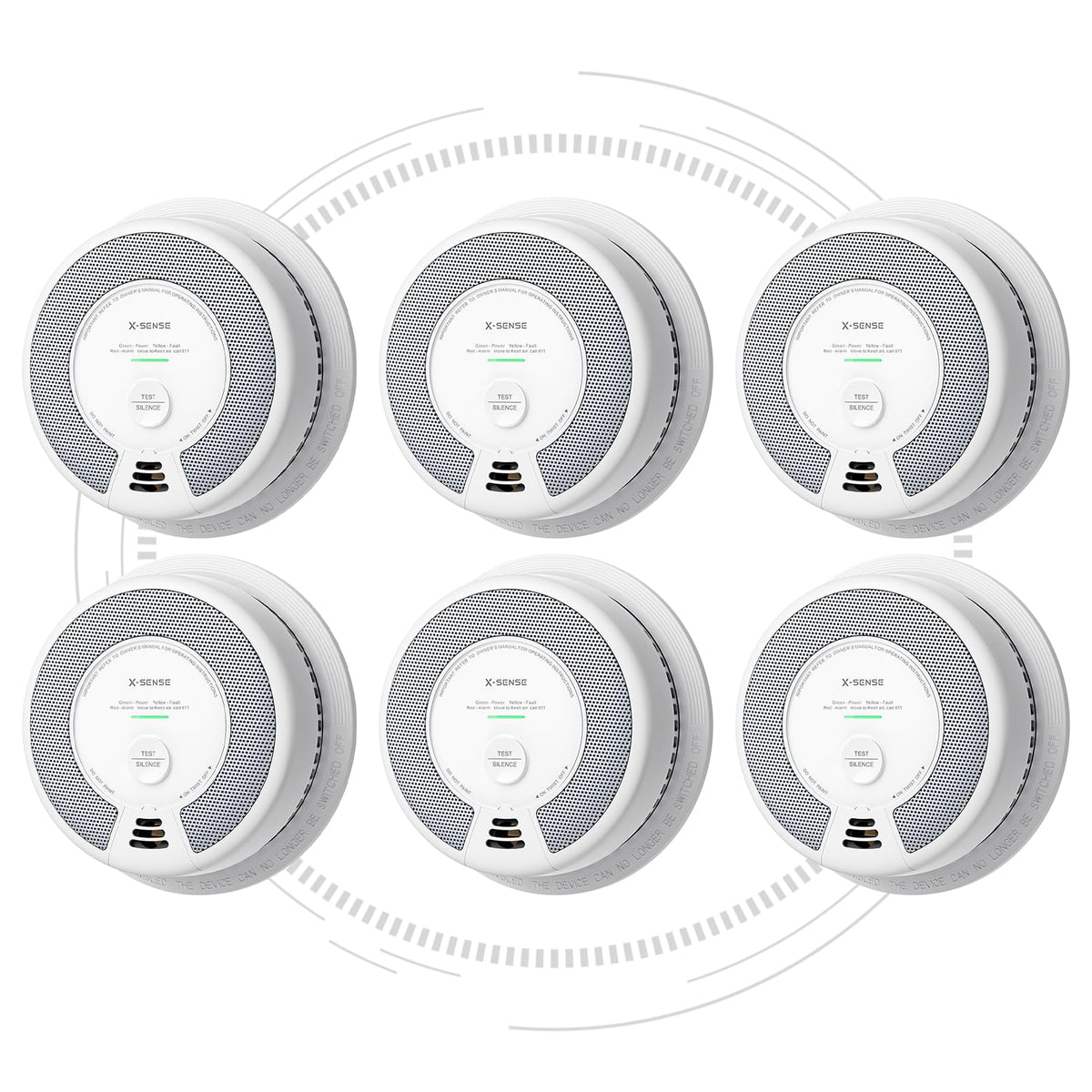 X-Sense vista frontal del paquete con seis detectores, protección completa
