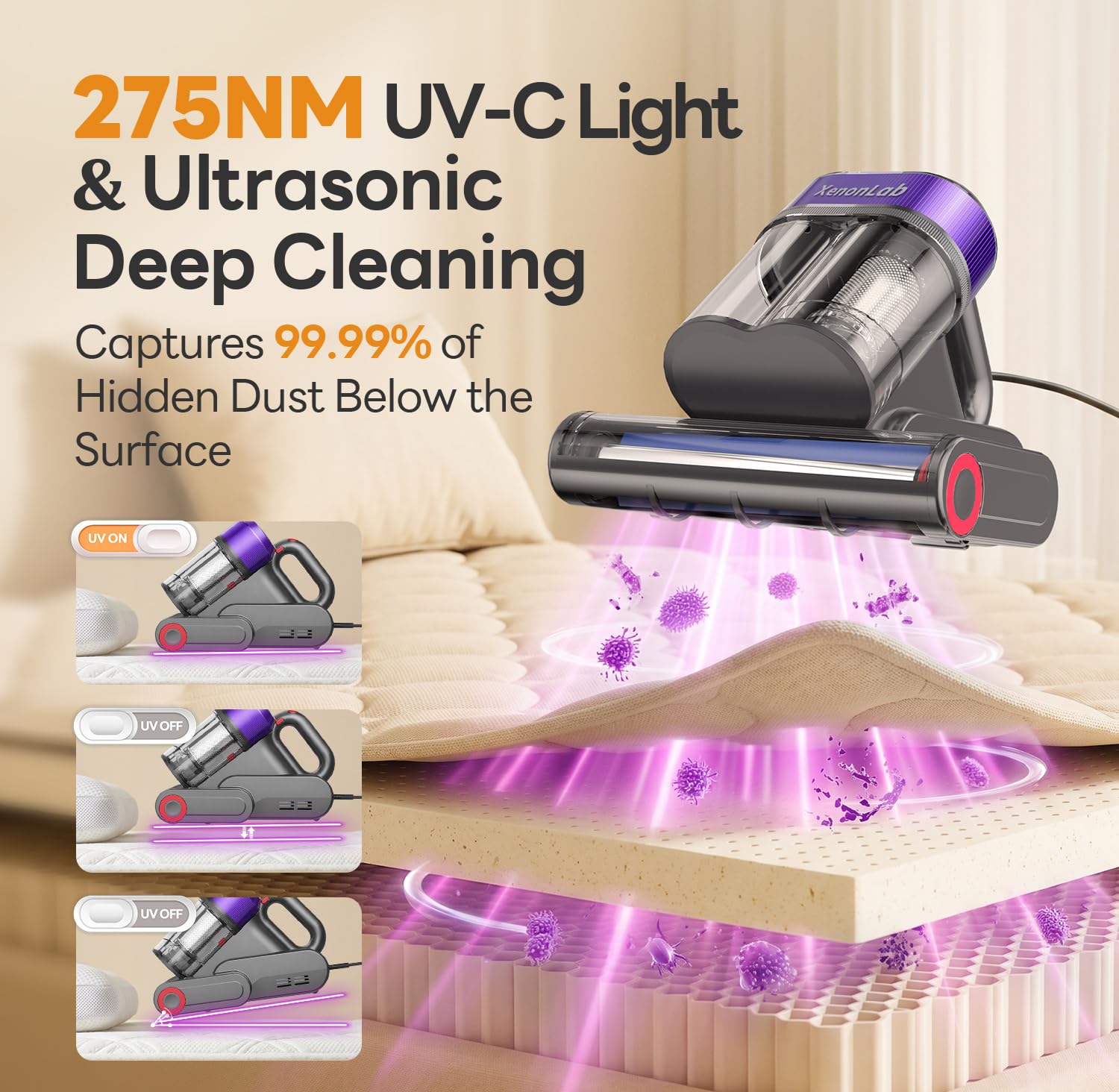 XenonLab luz UV-C activa sobre colchón para tratamiento seguro