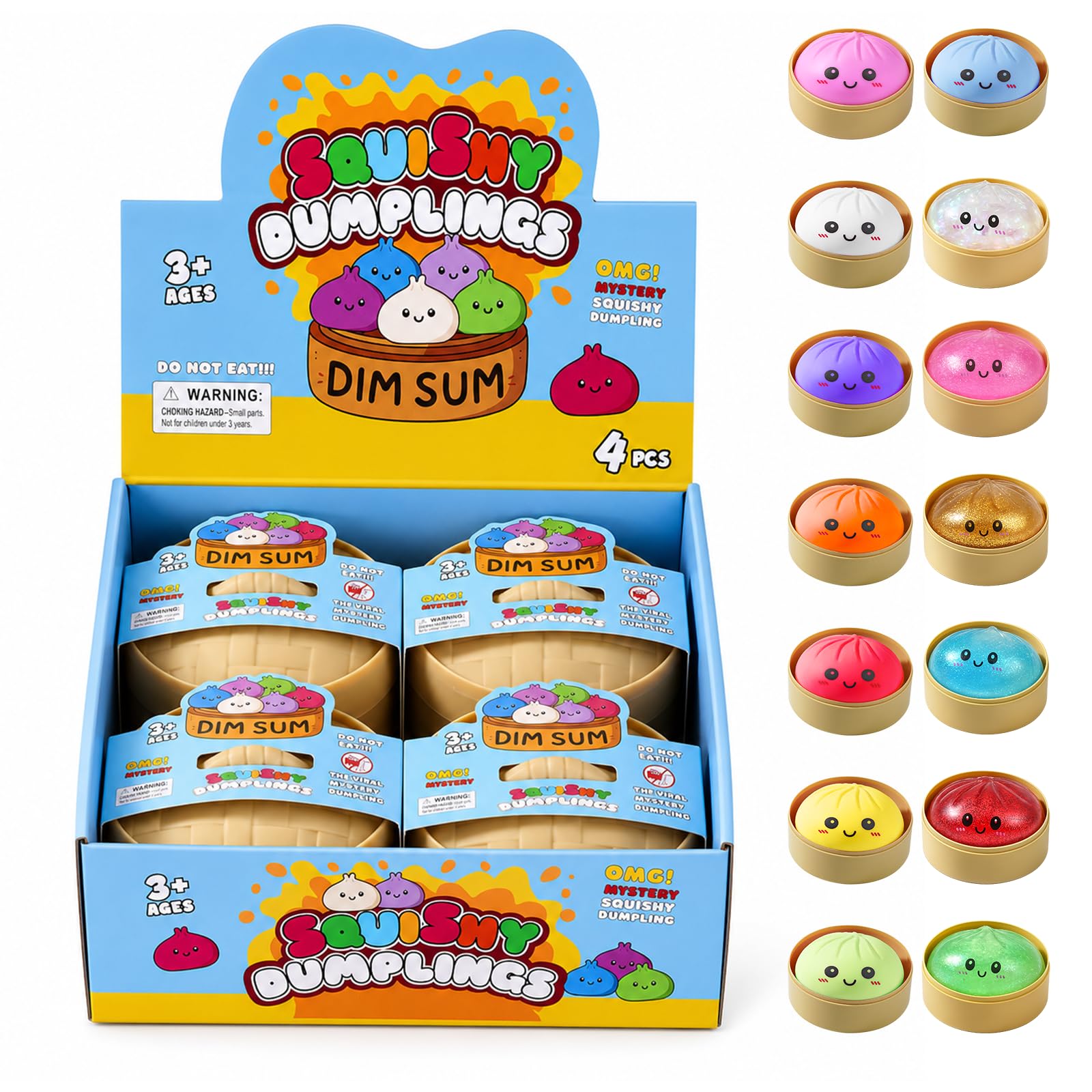 XQOQO pack de 4 dumplings squishy mostrando caja frontal y variedad de colores