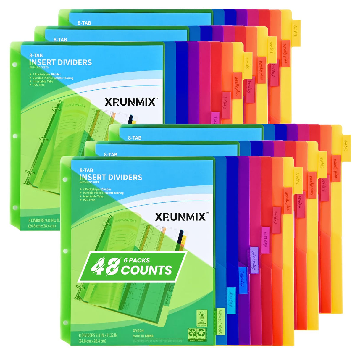 XRUNMIX front packaging showing 8-tab dividers and included pockets for neat storage