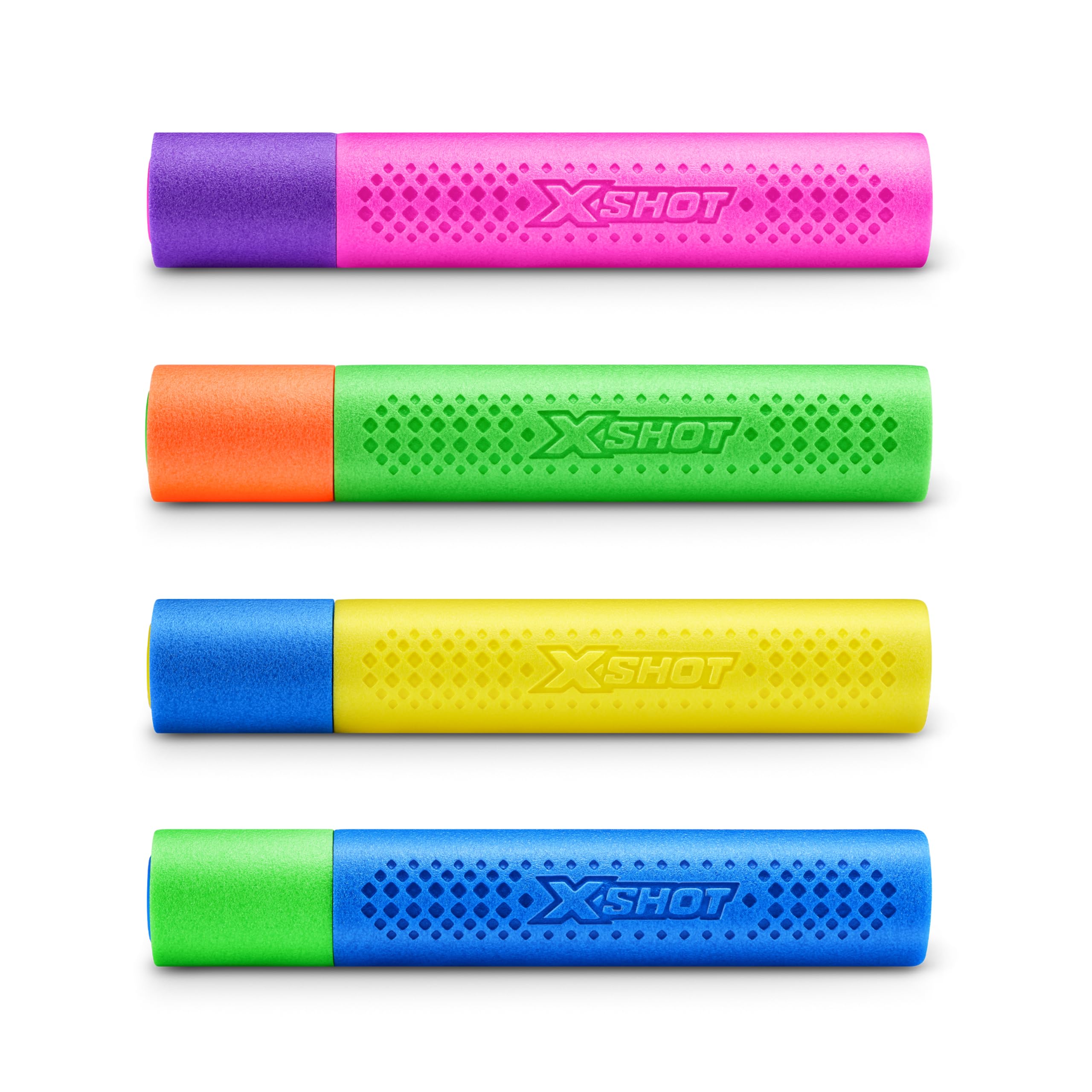 XSHOT vista frontal del pack de cuatro pistolas de espuma mostrando colores vibrantes y lista para jugar