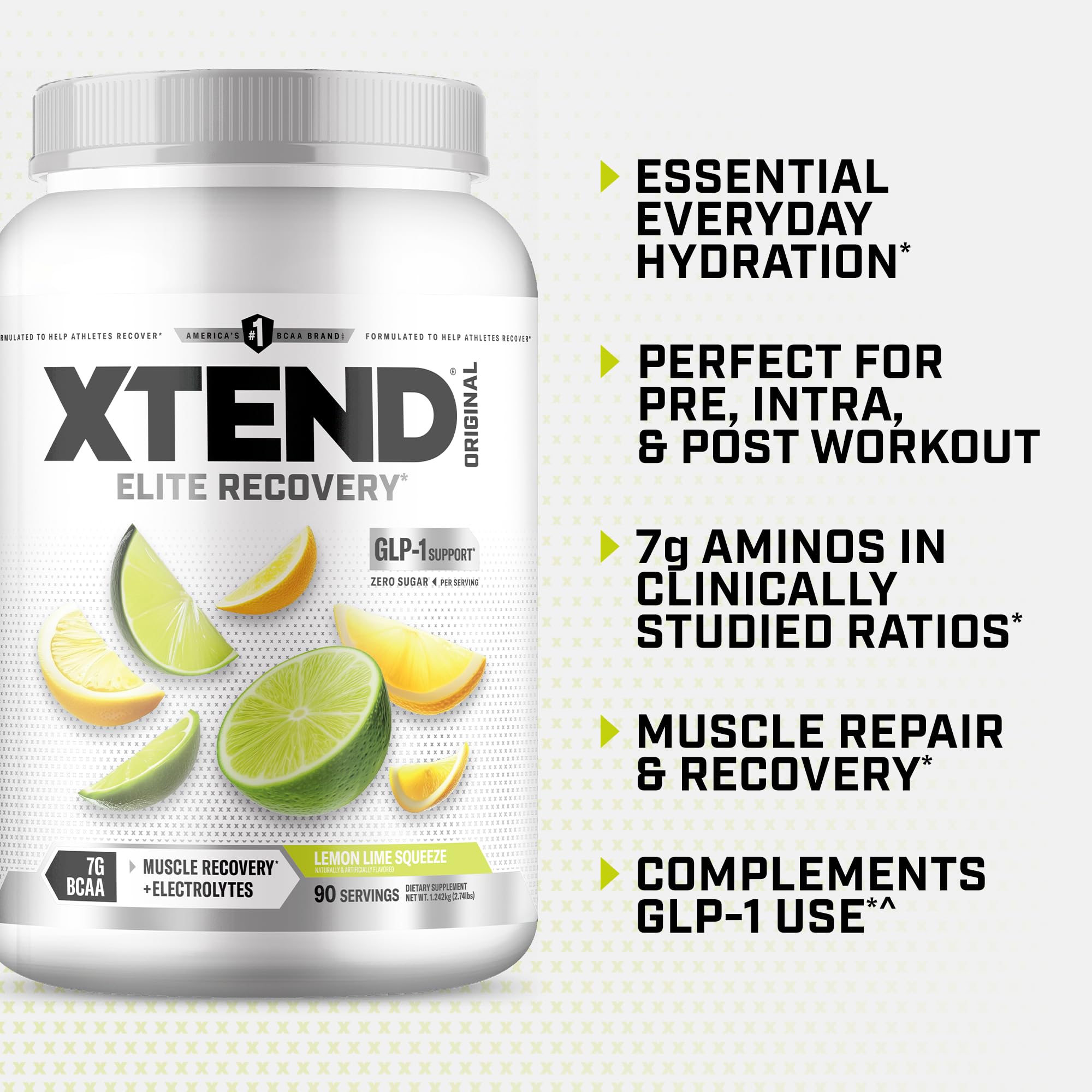 Xtend envase junto a cuchara mostrando 90 servicios y tamaño real
