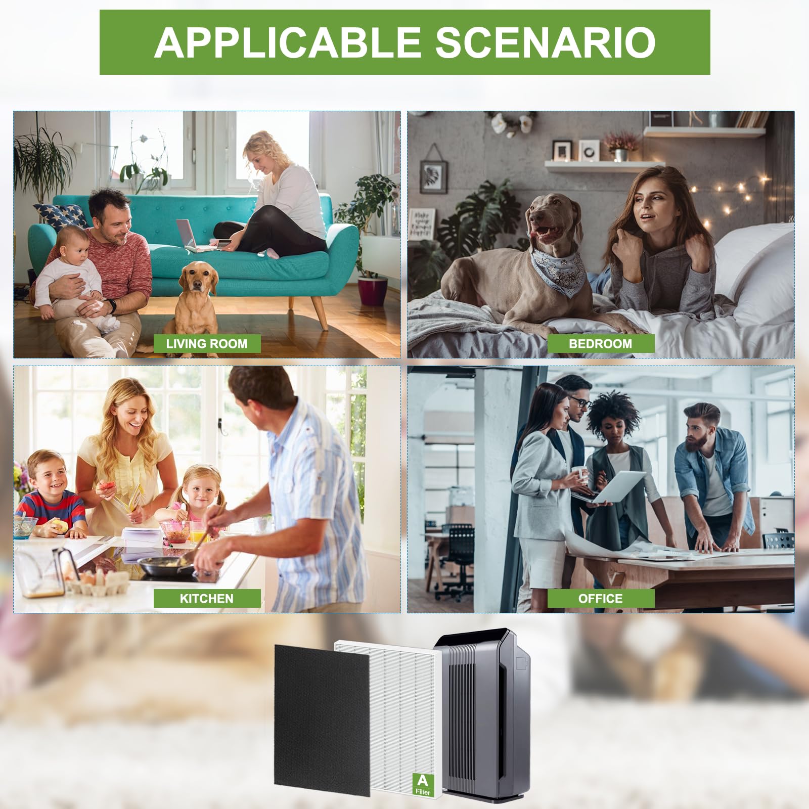 XY100T en sala de estar con purificador demostrando ambiente más limpio y confort