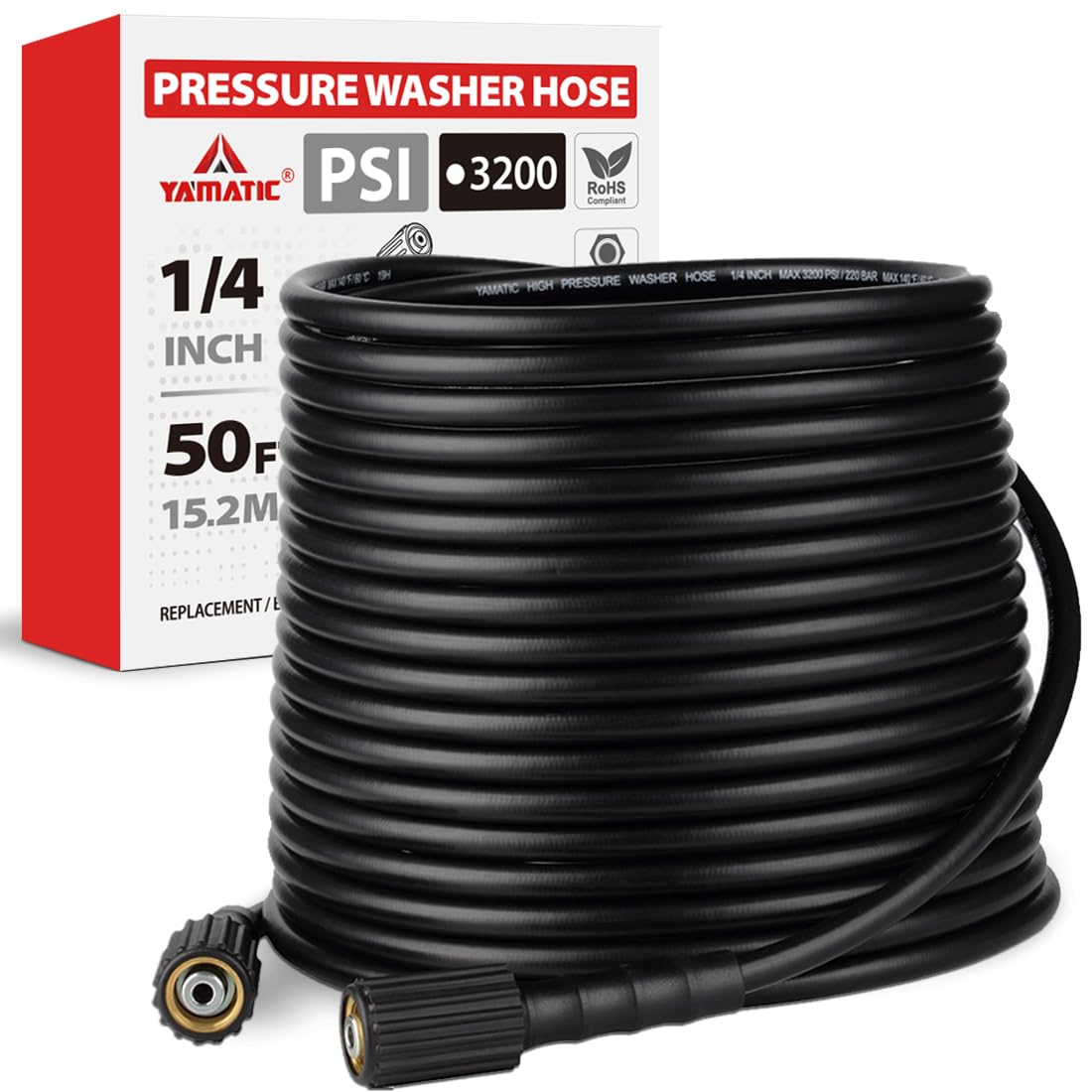 YAMATIC front view of 50FT hose coil showing compact packaging and convenience