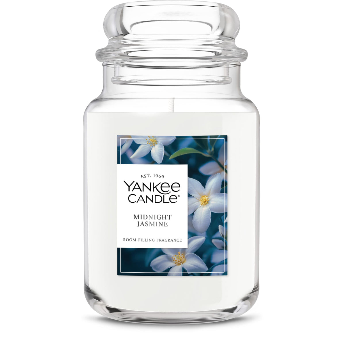 Yankee Candle Midnight Jasmine tarro frontal mostrando etiqueta y color