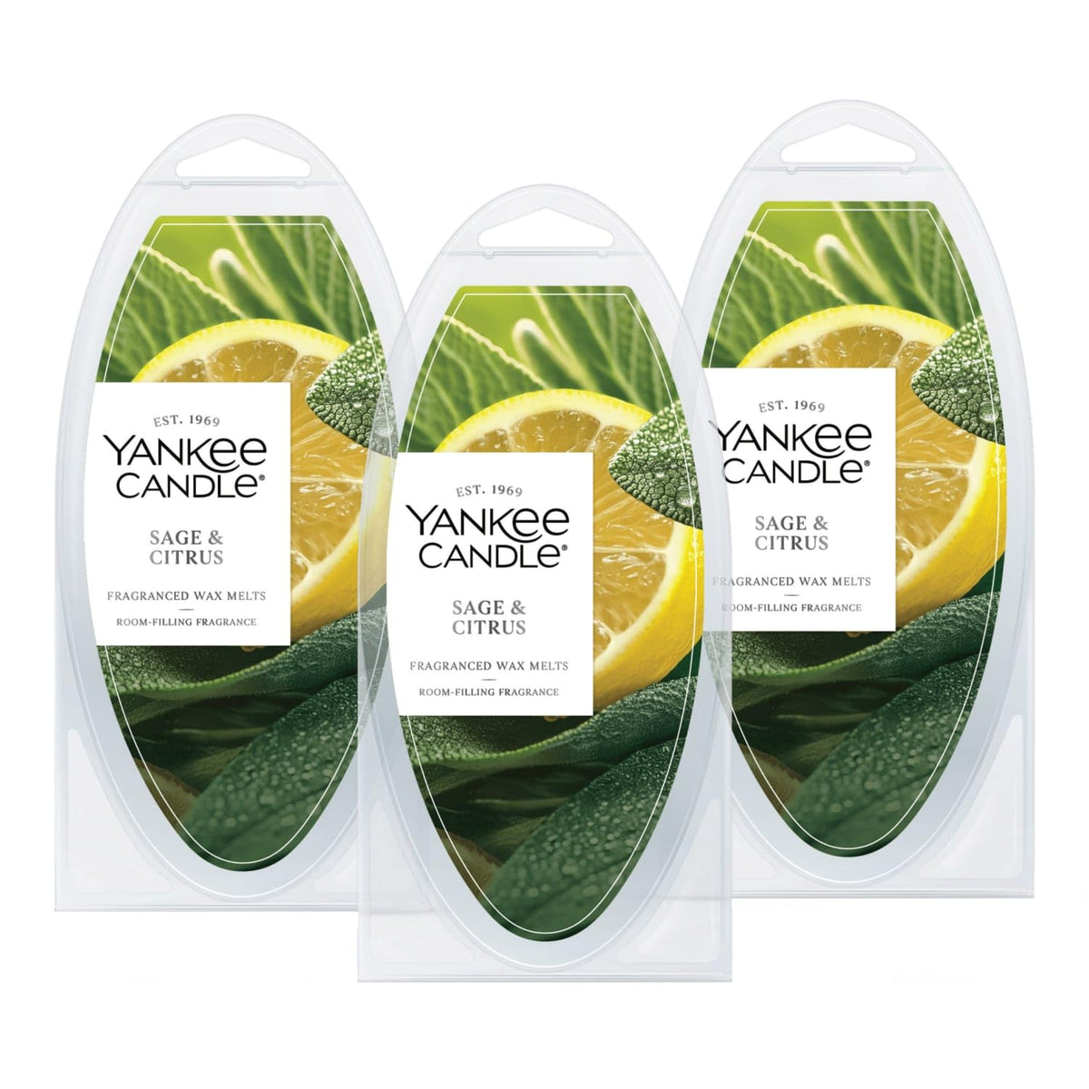 Yankee Candle vista frontal del paquete Sage & Citrus mostrando el contenido y práctico empaque