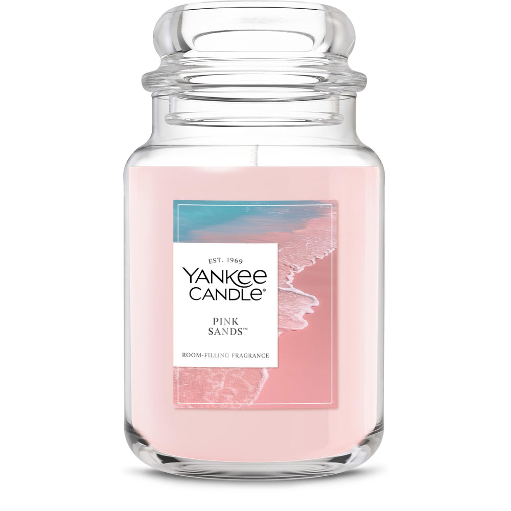 Yankee Candle tarro frontal mostrando el diseño y aroma Pink Sands beneficioso para ambientes