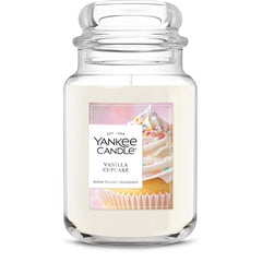 Yankee Candle tarro frontal Vanilla Cupcake mostrando diseño y tamaño práctico