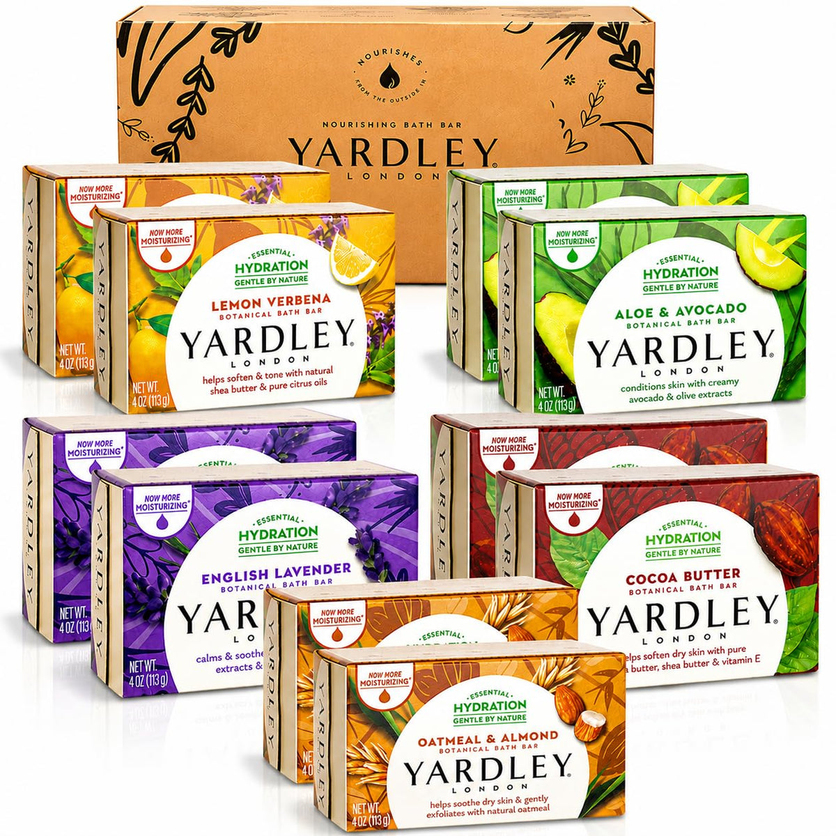 Yardley London pack frontal mostrando las diez barras y variedad de aromas