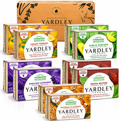 Yardley London pack frontal mostrando las diez barras y variedad de aromas
