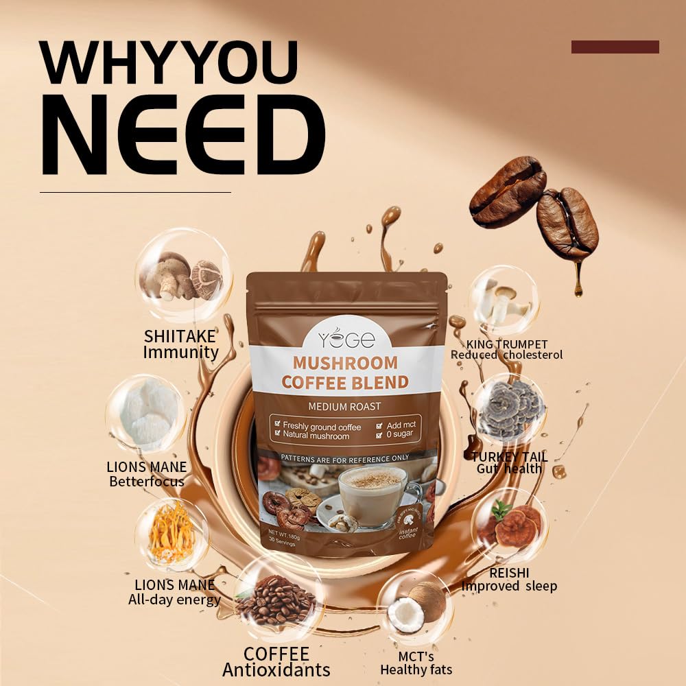 YEGE taza servida de mushroom coffee lista para concentración prolongada