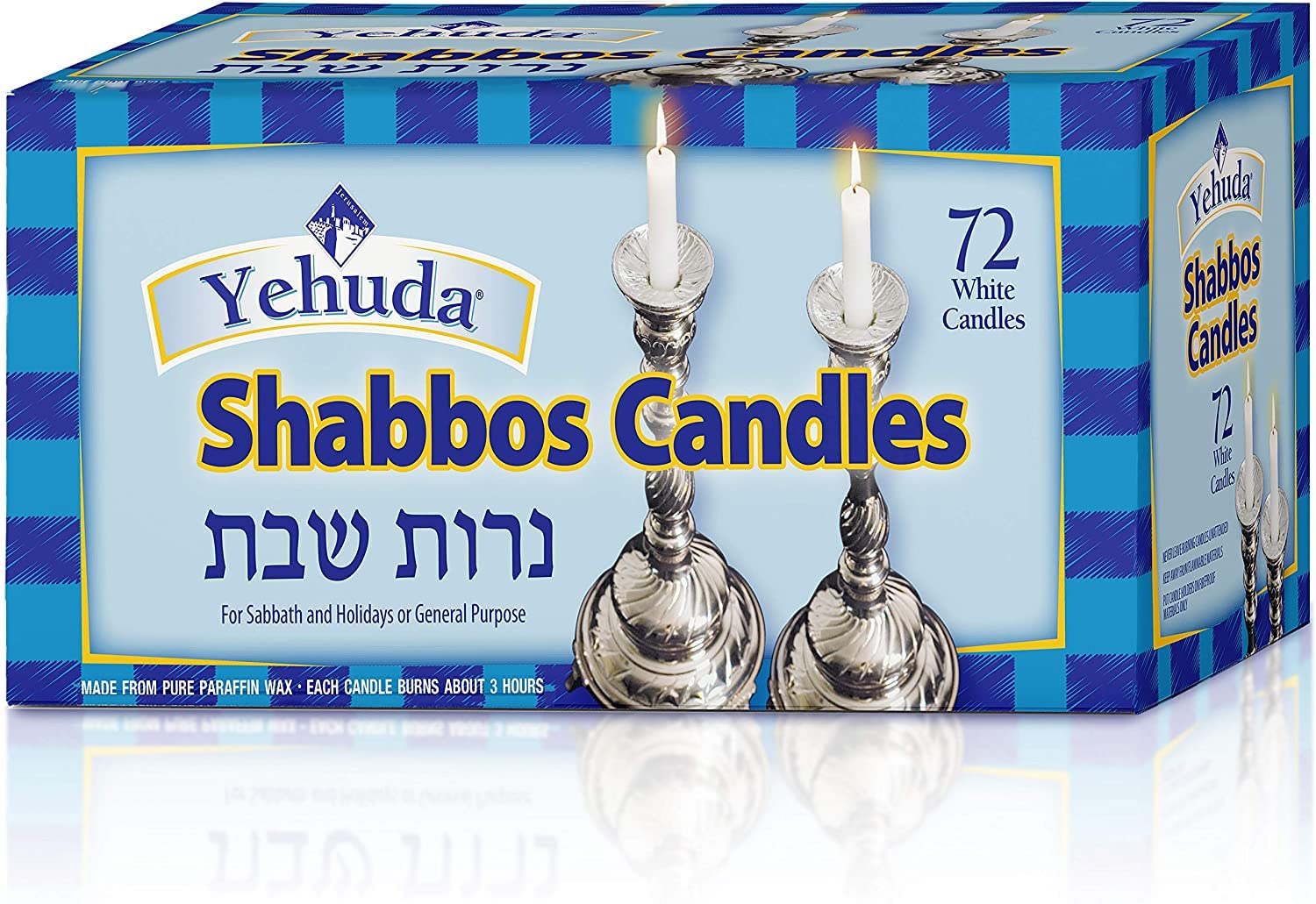 Yehuda paquete frontal mostrando 72 velas blancas y conveniencia