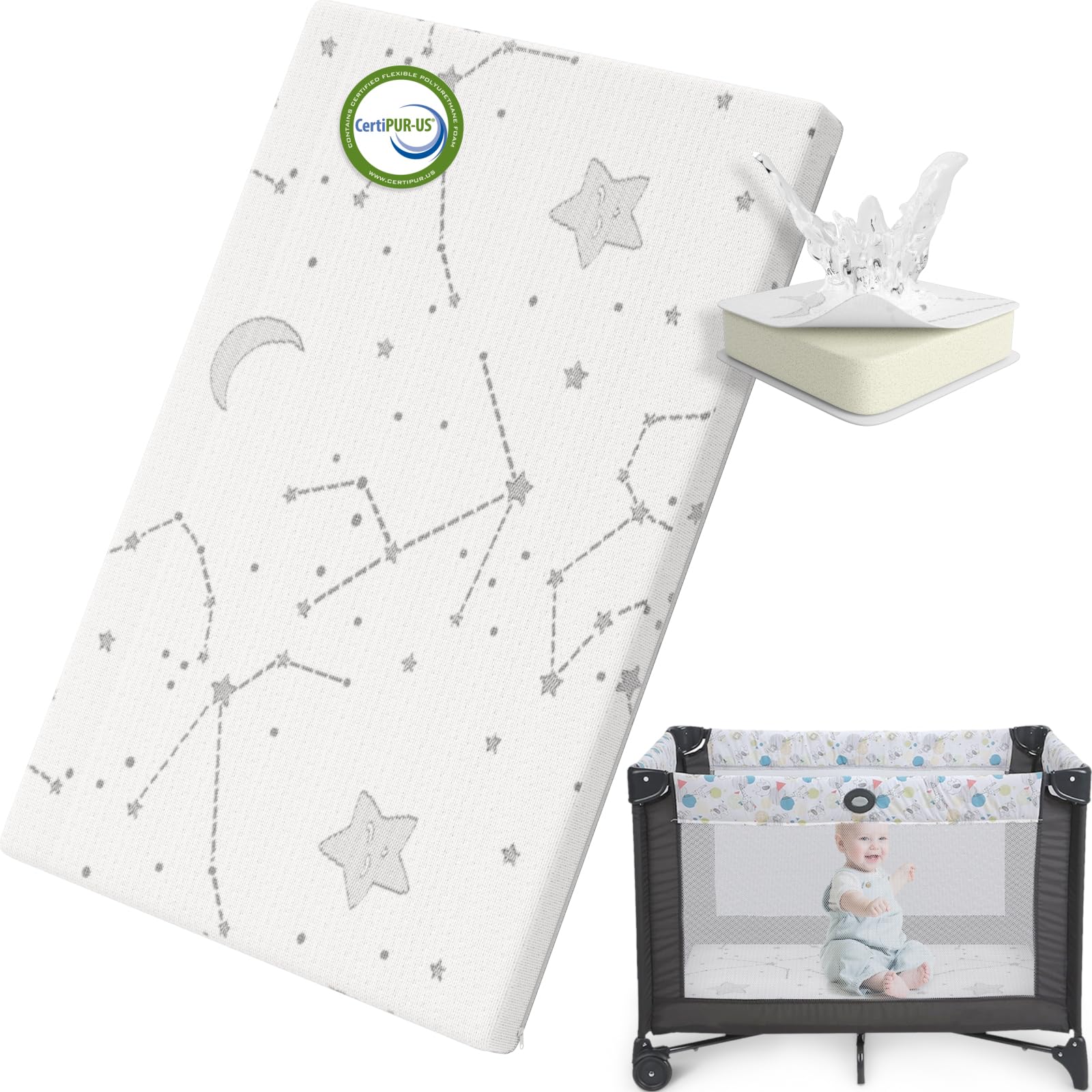 YENING colchón pack and play frontal muestra ajuste seguro