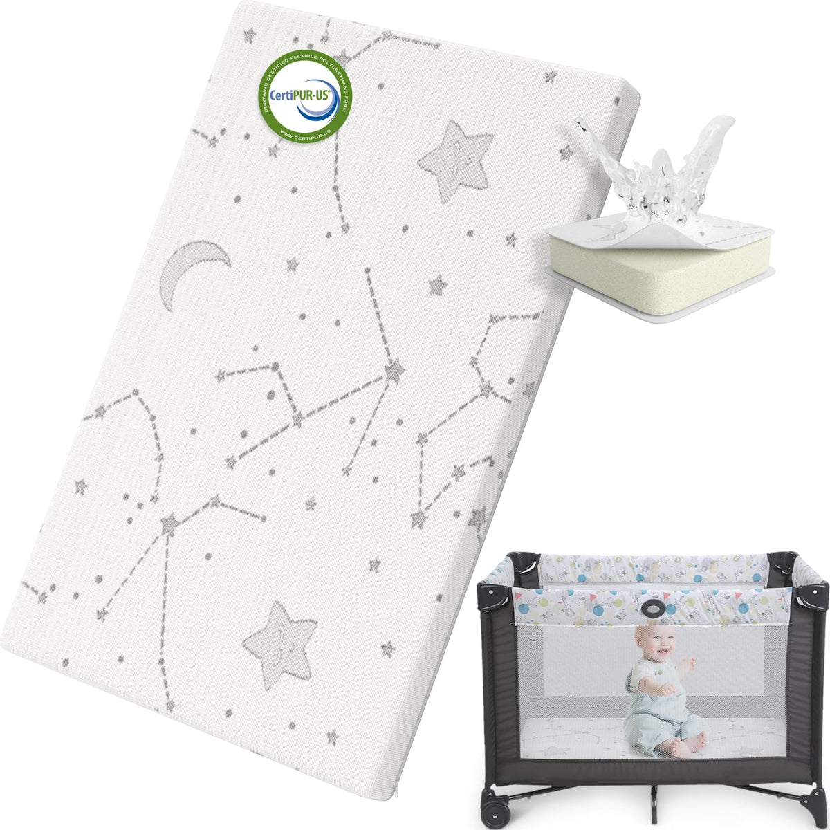 YENING colchón pack and play frontal muestra ajuste seguro