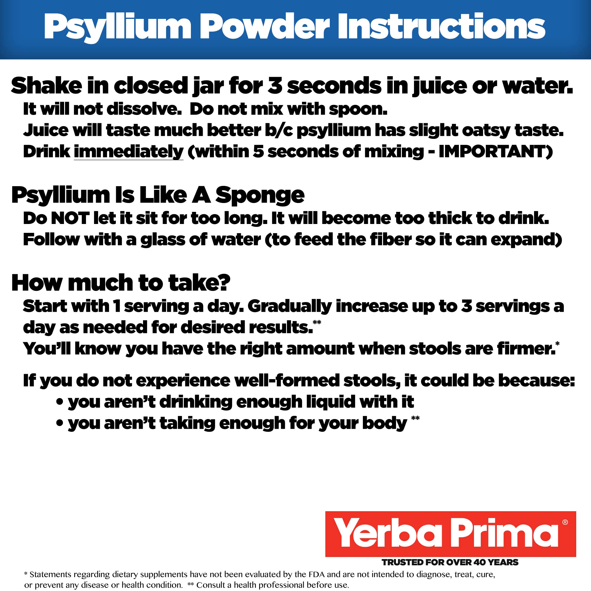 Yerba Prima cucharada de psyllium mostrando porción recomendada y dosificación