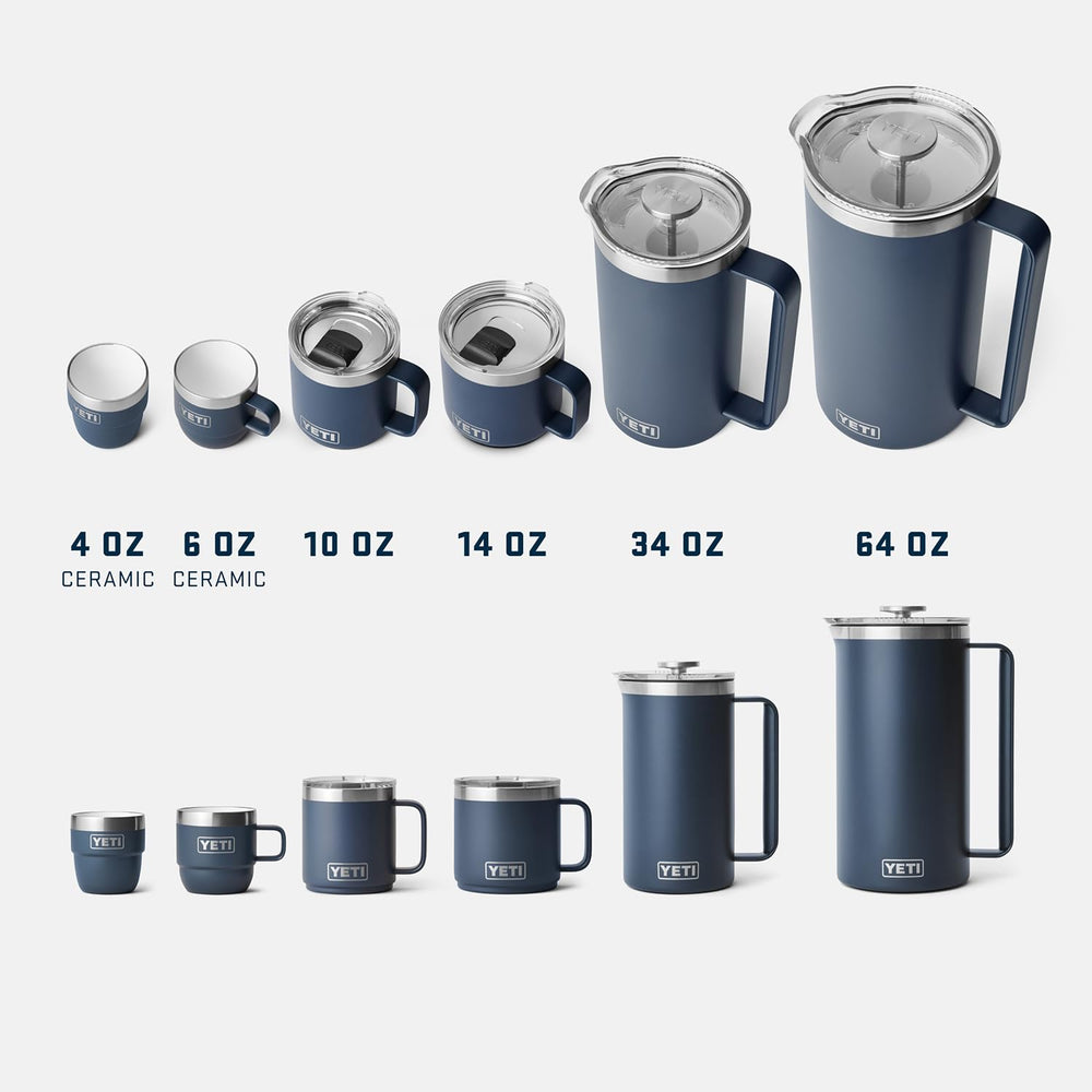 YETI Rambler etiqueta mostrando materiales 18/8 y características
