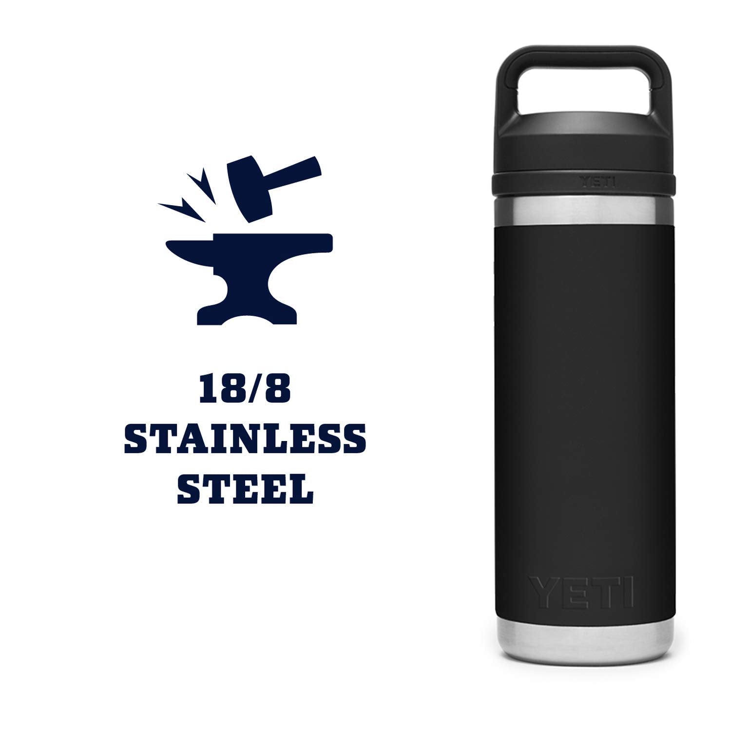 Etiqueta de materiales YETI Rambler 18/8 acero inoxidable mostrando durabilidad