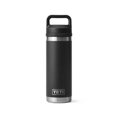 YETI Rambler 18 oz frontal en negro mostrando forma y logo, ideal para transporte