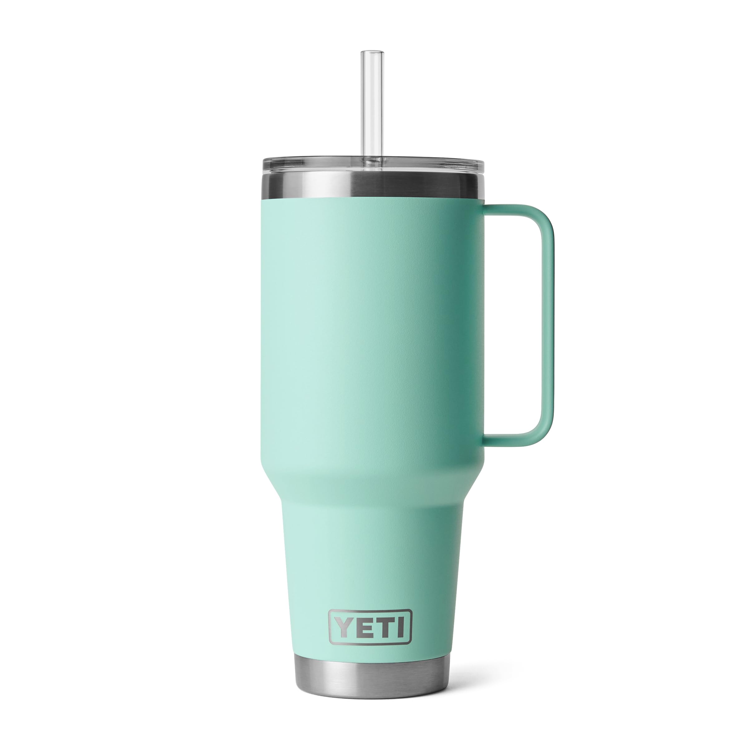YETI Rambler vista frontal con asa mostrando su capacidad y diseño resistente