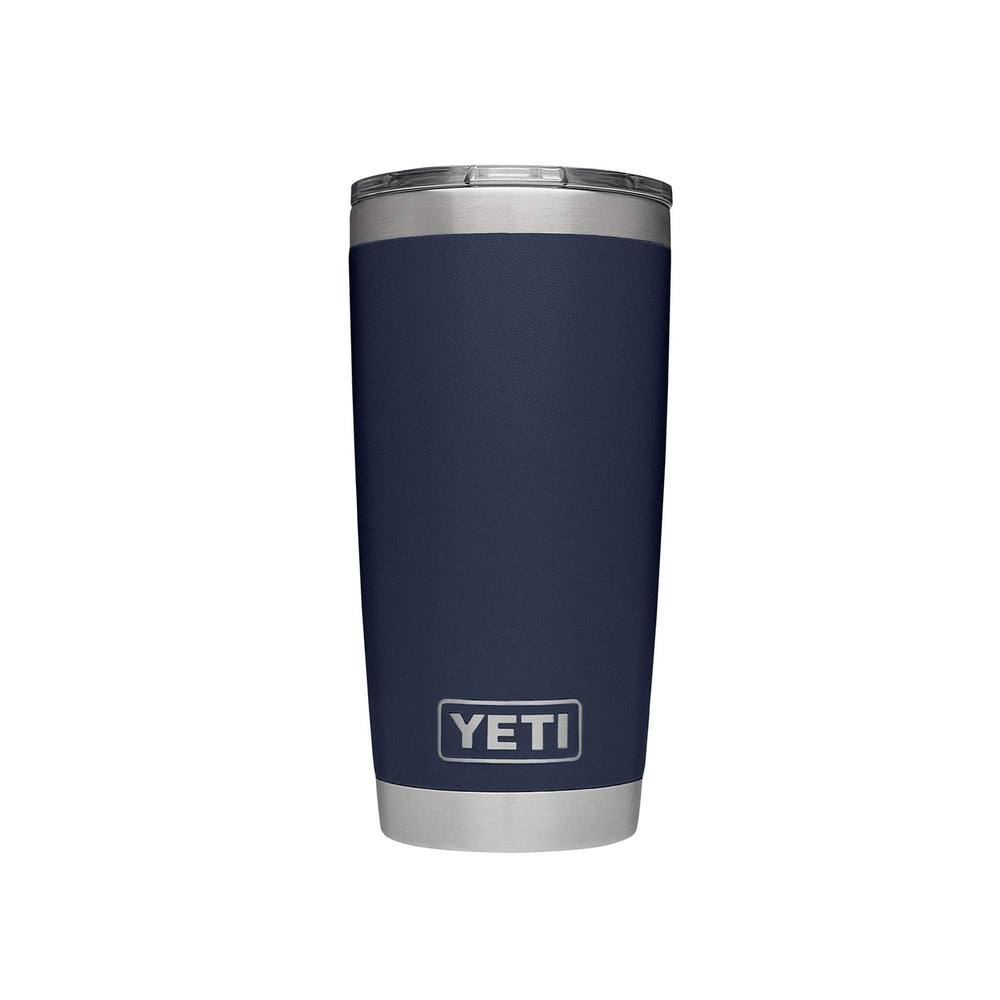 YETI Rambler frontal azul marino mostrando diseño resistente y capacidad 20 oz