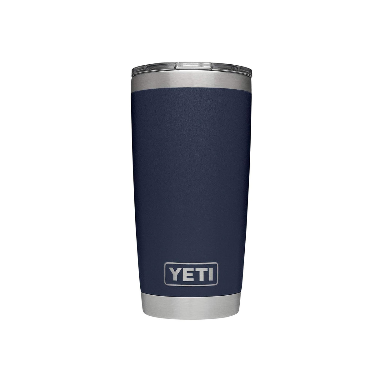 YETI Rambler frontal azul marino mostrando diseño resistente y capacidad 20 oz