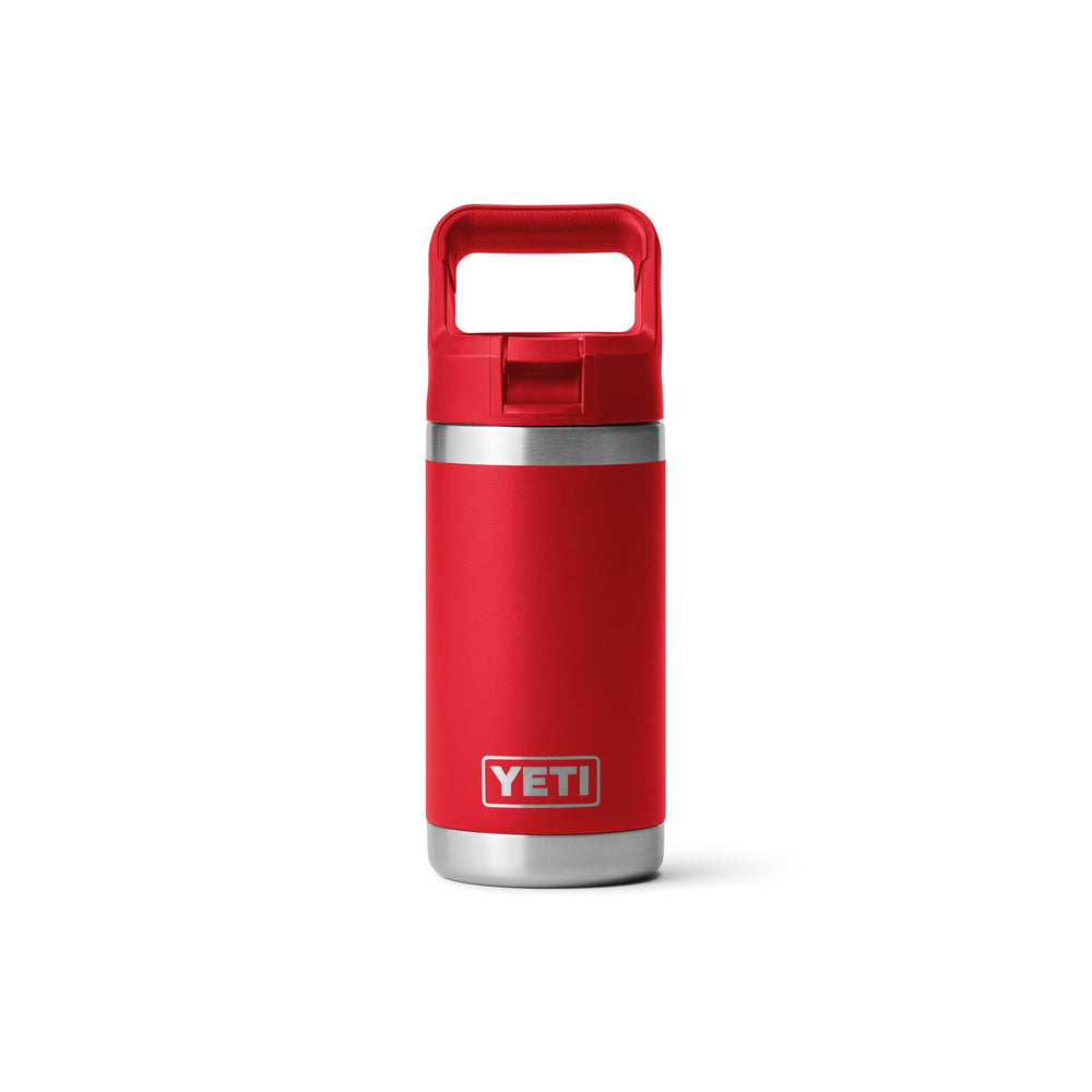 YETI Rambler Jr. vista frontal en Rescue Red mostrando tamaño y tapa conveniente