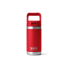 YETI Rambler Jr. vista frontal en Rescue Red mostrando tamaño y tapa conveniente