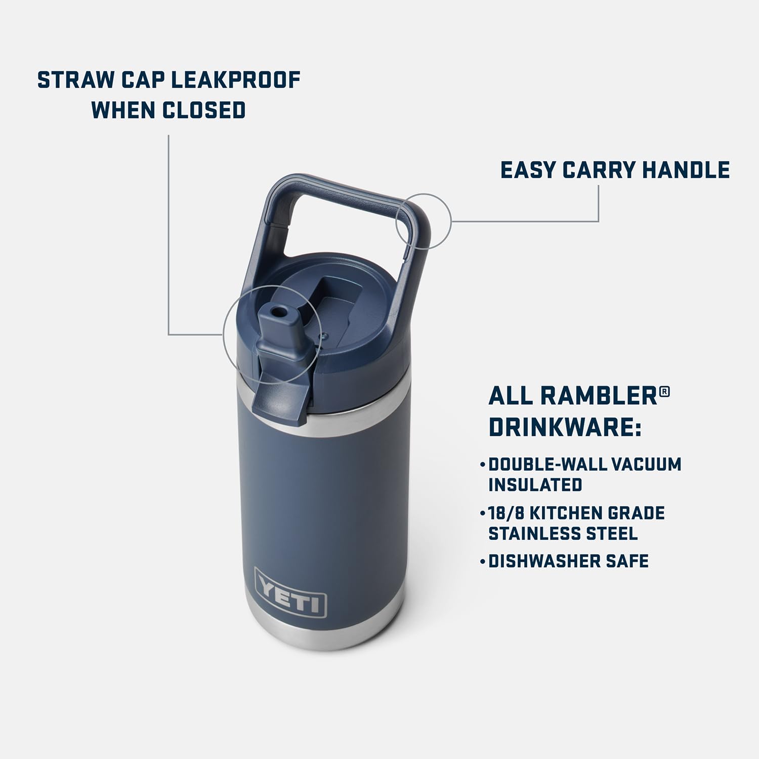 YETI Rambler Jr. primer plano de la tapa con popote, cierre seguro contra derrames