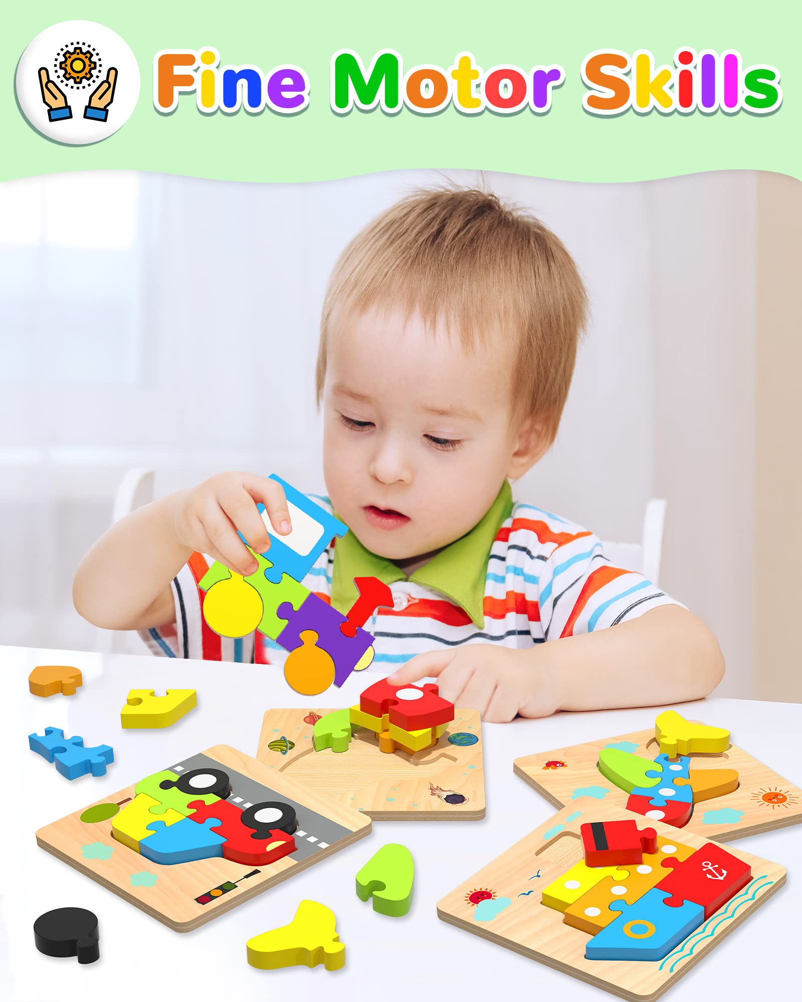Yetonamr seis rompecabezas desplegados en mesa para juego y aprendizaje visual