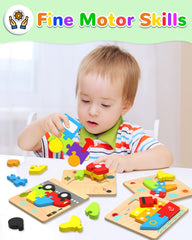 Yetonamr seis rompecabezas desplegados en mesa para juego y aprendizaje visual