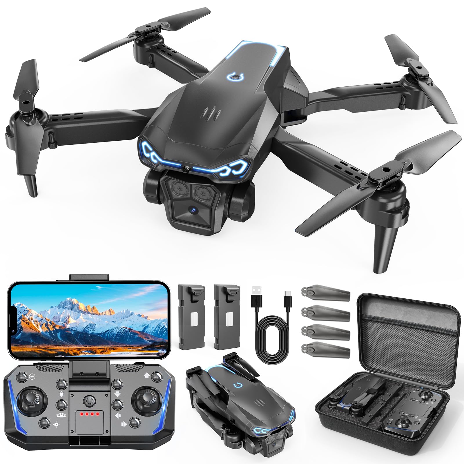 YGFBQE dron frente y paquete mostrando diseño portátil y seguridad