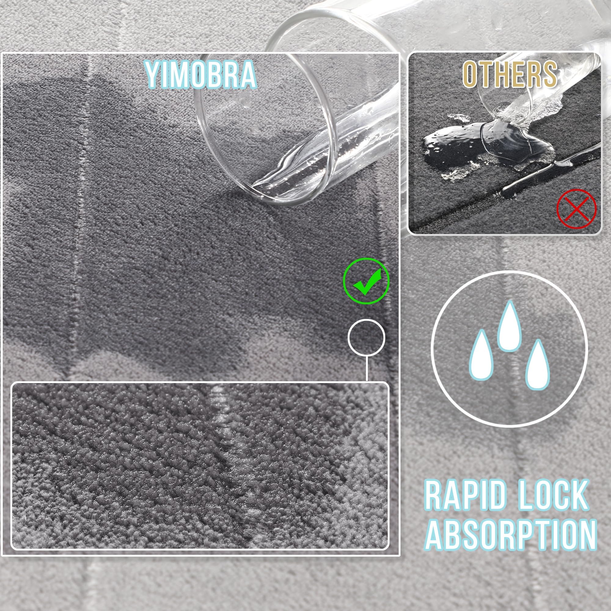 Yimobra alfombra en uso tras la ducha mostrando absorción rápida y confort