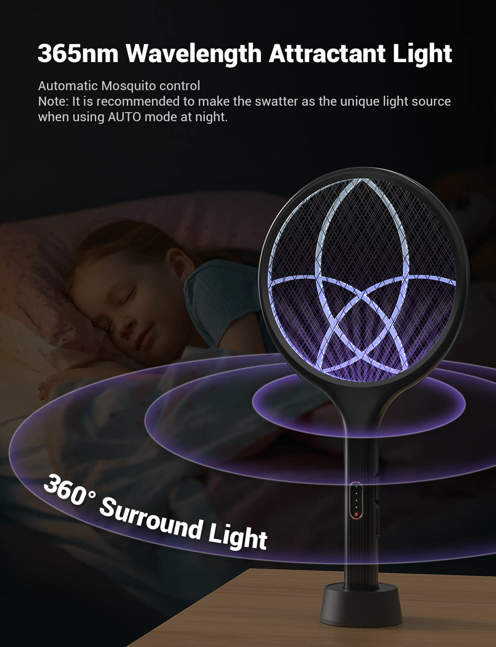 YISSVIC placed on base with LED lit demonstrating auto zap mode benefit