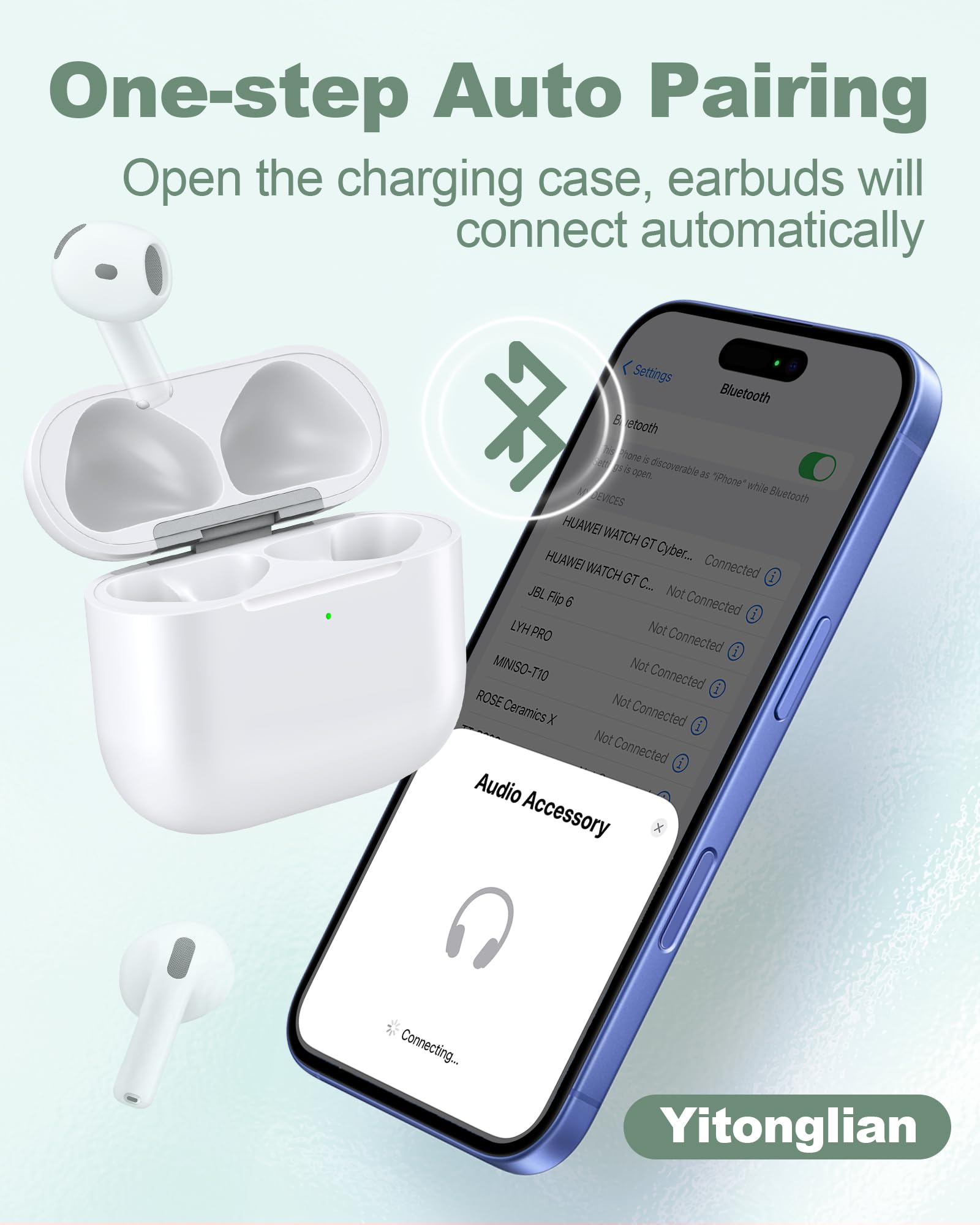 Yitonglian funda con auriculares AirPods 4 colocados mostrando compatibilidad