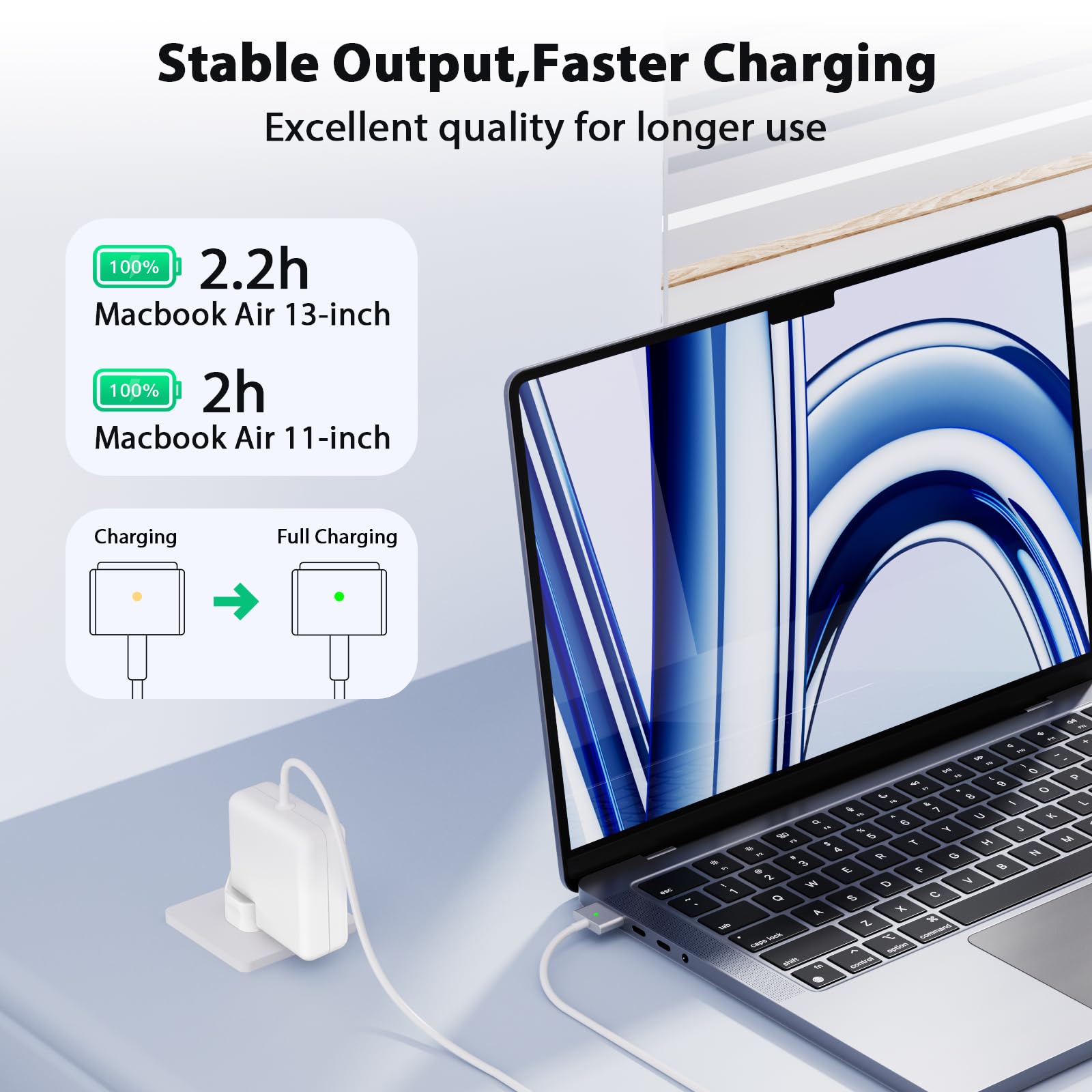 YKEJCLD vista lateral del cable y adaptador, construcción sólida para uso diario